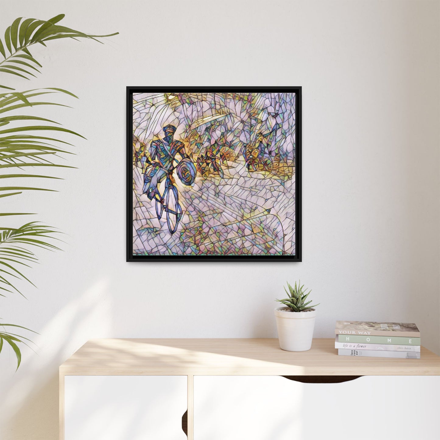 Cyclist Mosaic Matte Canvas Framed Wall Art — Colorful Biking Scene