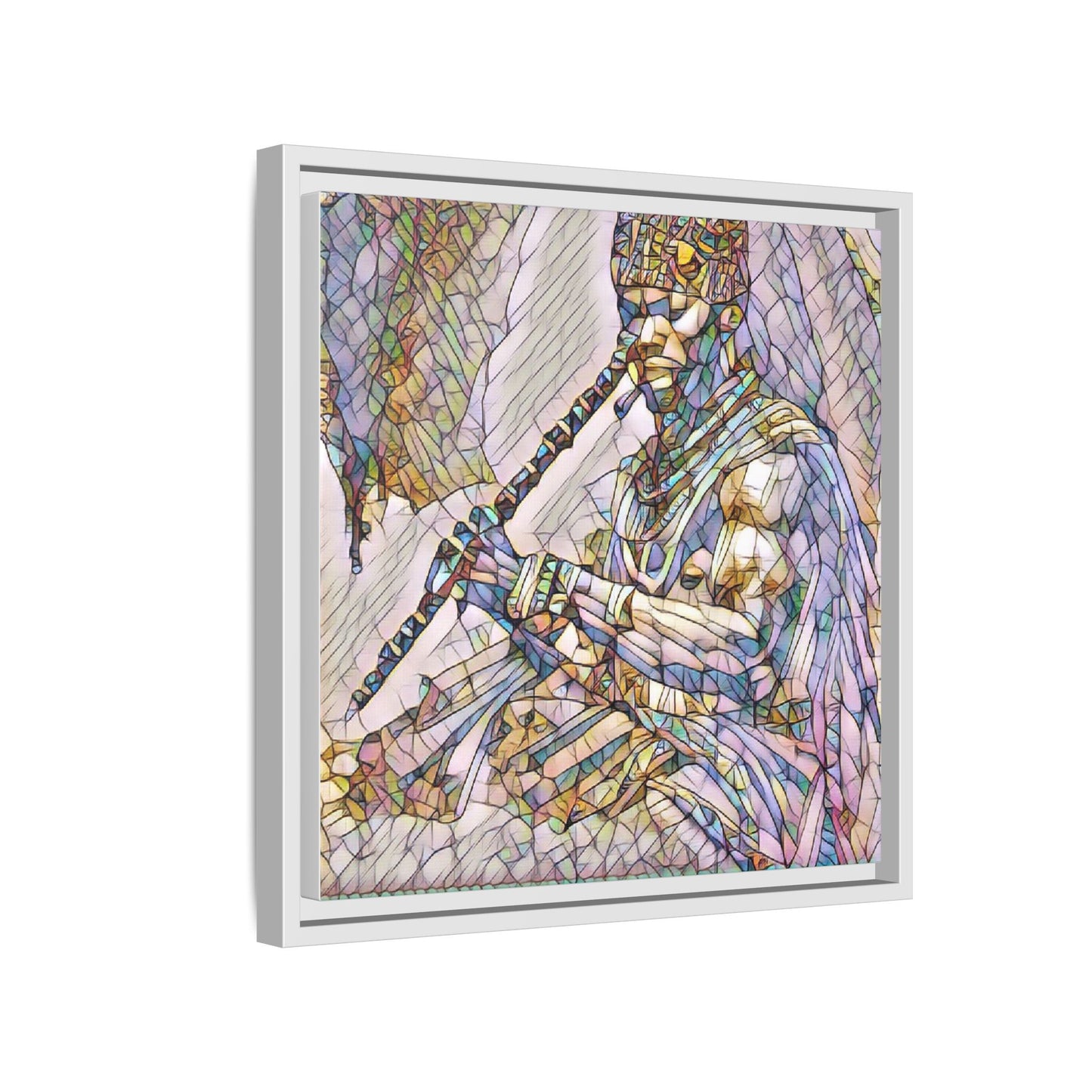 Tribal Flute Musician Stained-Glass Framed Canvas Art