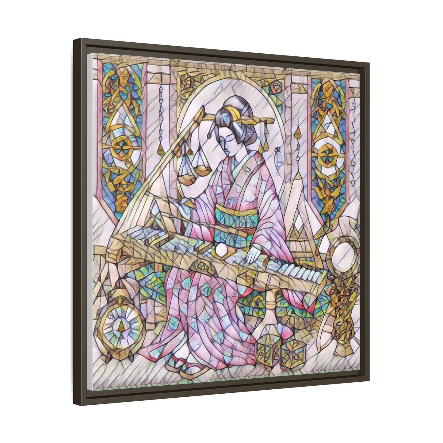 Framed Matte Canvas — Geisha Harp Stained-Glass Art Print