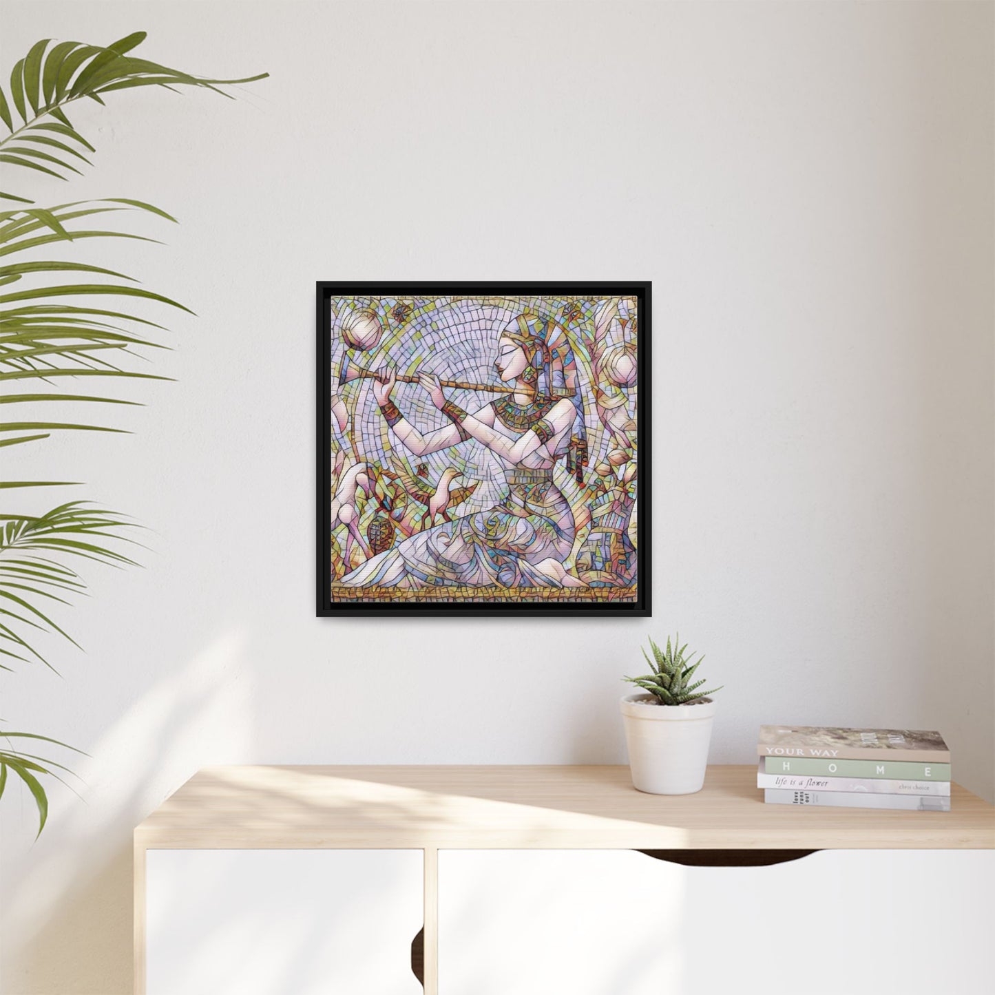 Egyptian Flute Player Framed Canvas Art — Colorful Mosaic Wall Decor
