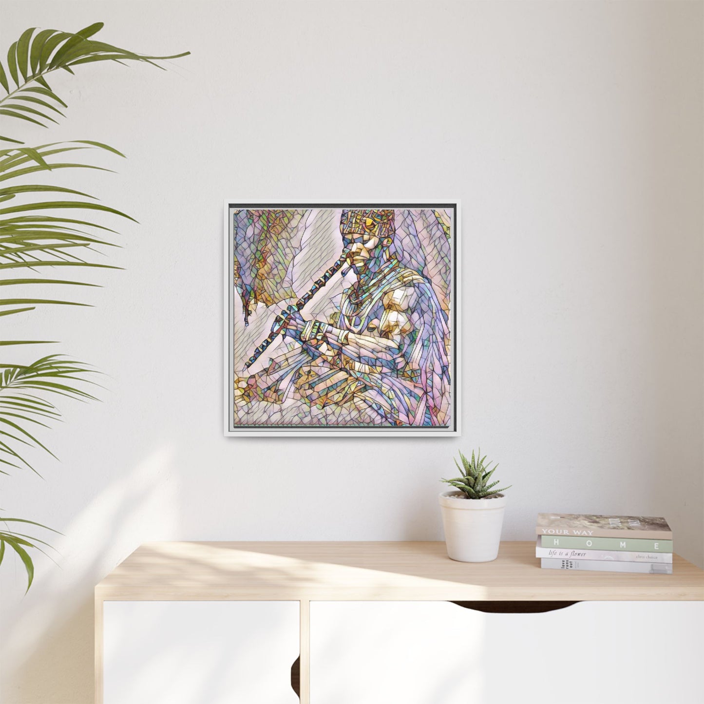 Tribal Flute Musician Stained-Glass Framed Canvas Art