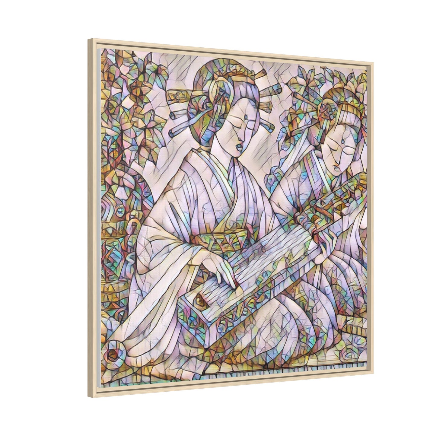 Framed Matte Canvas Print — Stained-Glass Geisha Duo