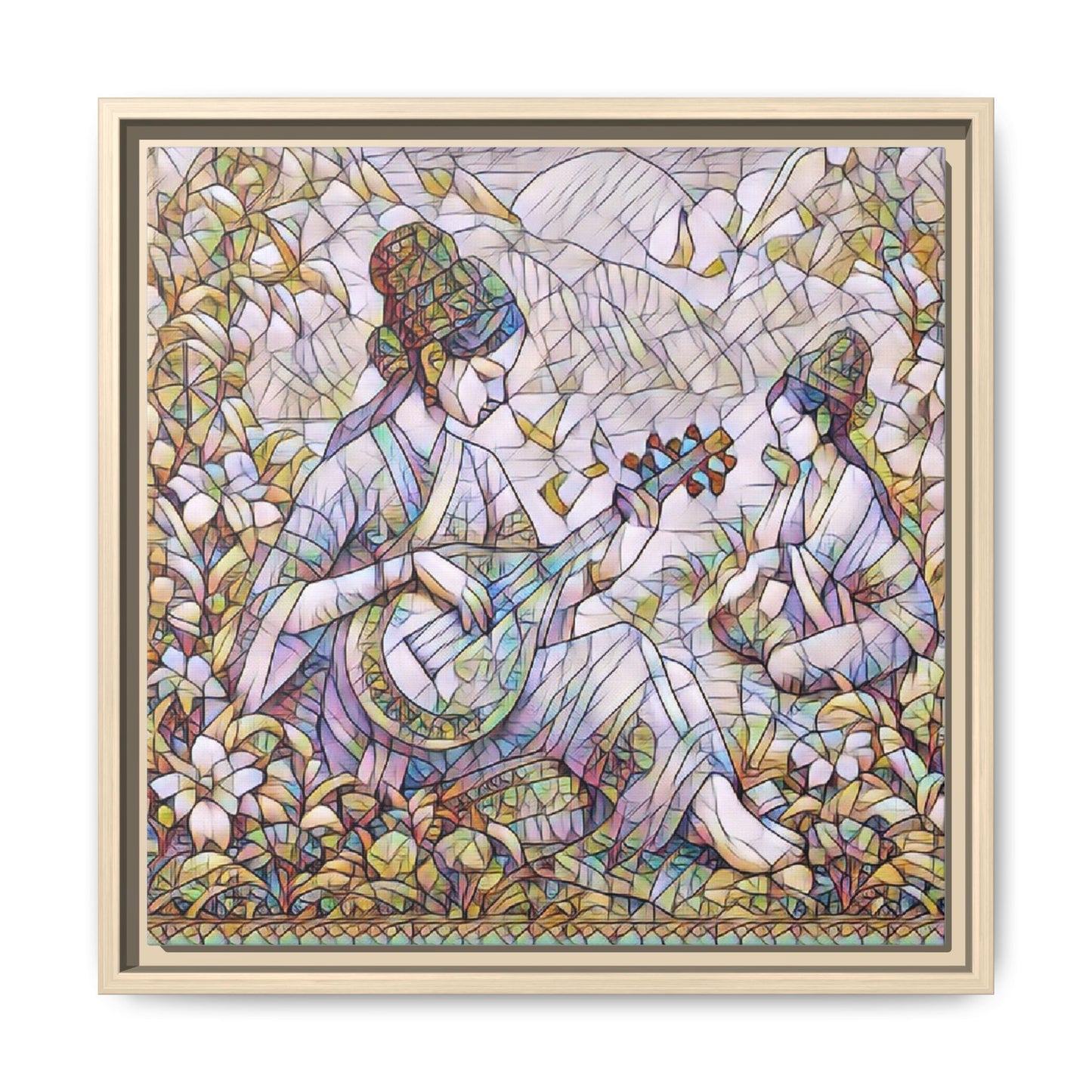 Framed Matte Canvas Art - Vintage Asian Musicians Floral Illustration