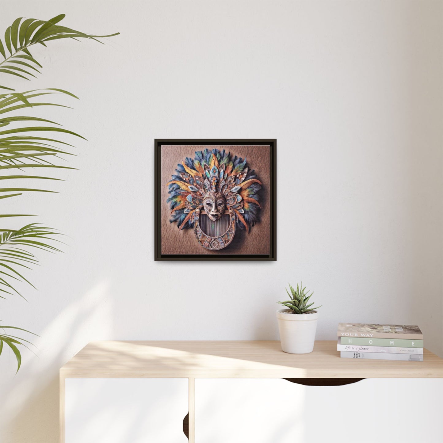 Tribal Feather Mask Framed Canvas Wall Art — Colorful Boho Decorative Print