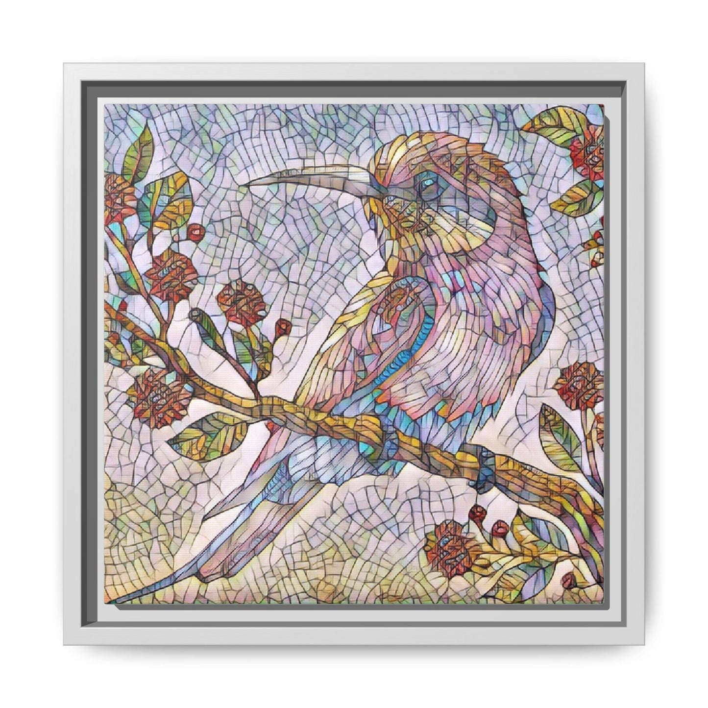 Framed Mosaic Bird Art Print — Colorful Kookaburra Wall Canvas