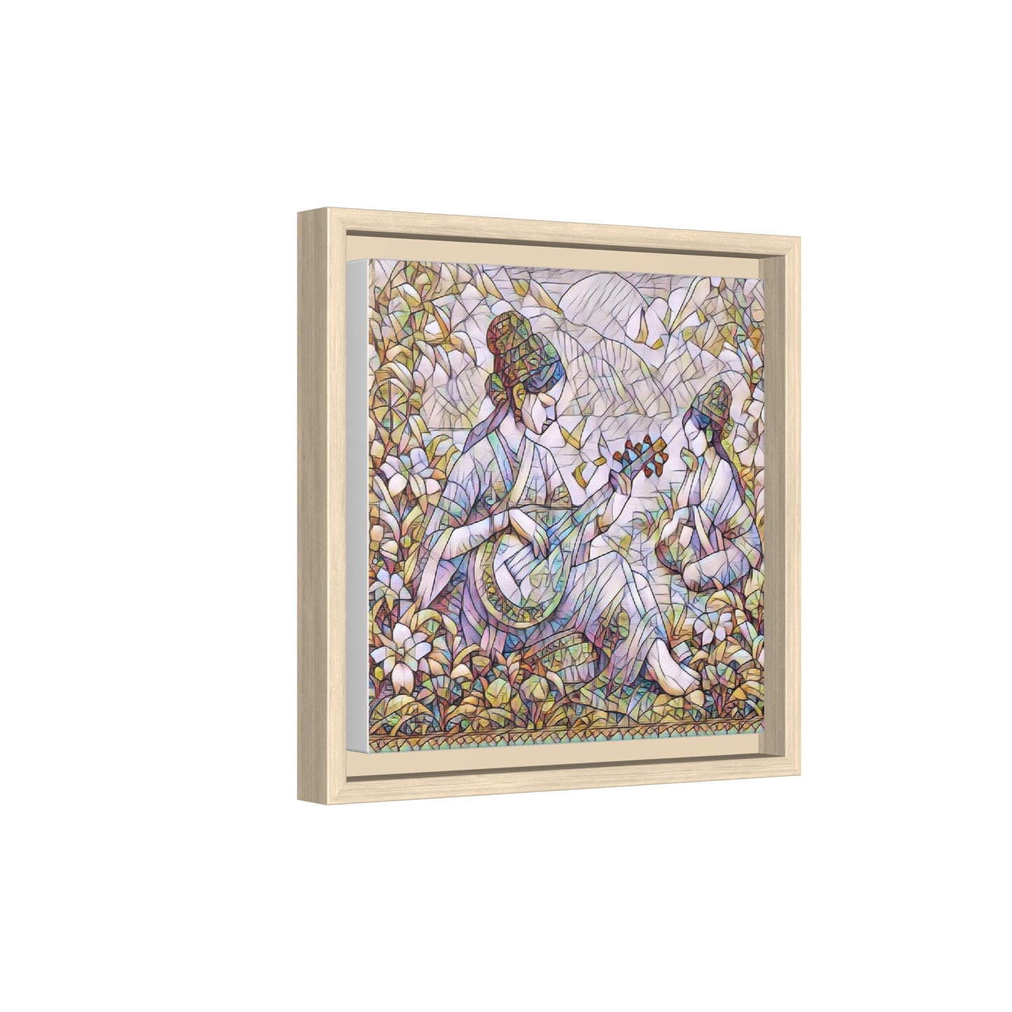 Framed Matte Canvas Art - Vintage Asian Musicians Floral Illustration
