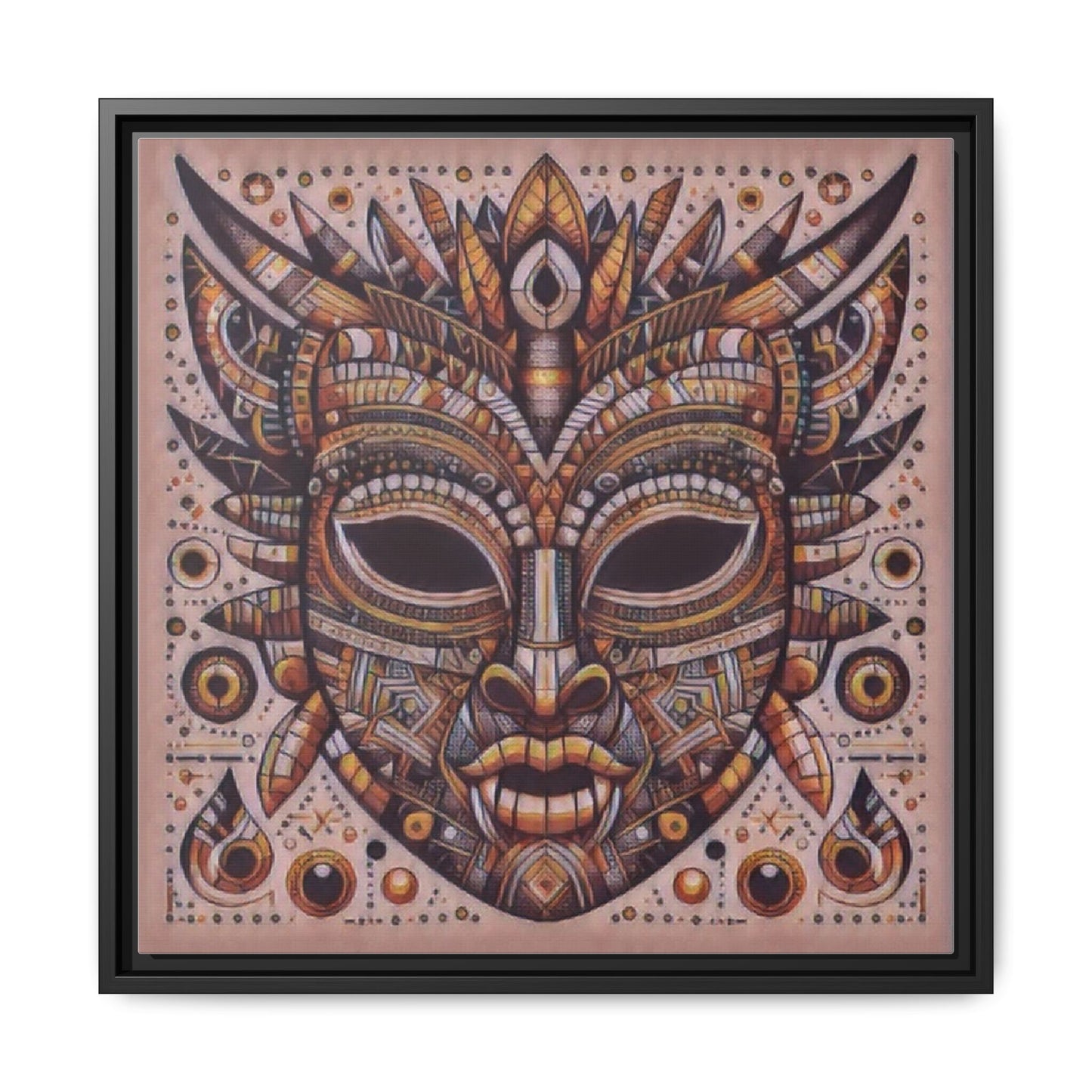 Tribal Mask Framed Canvas Art — Multicolor Matte Wall Decor