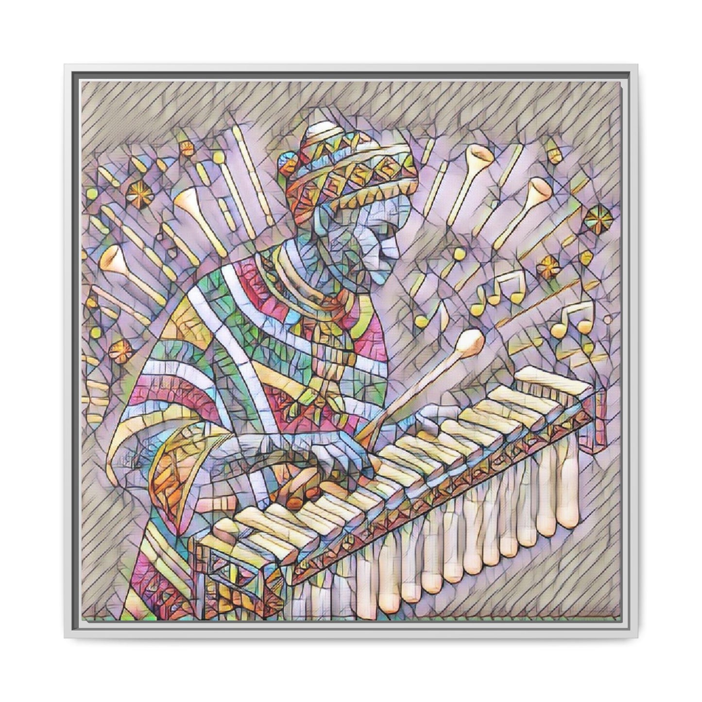 Colorful Marimba Musician Matte Framed Canvas — Vibrant African Instrument Wall Art