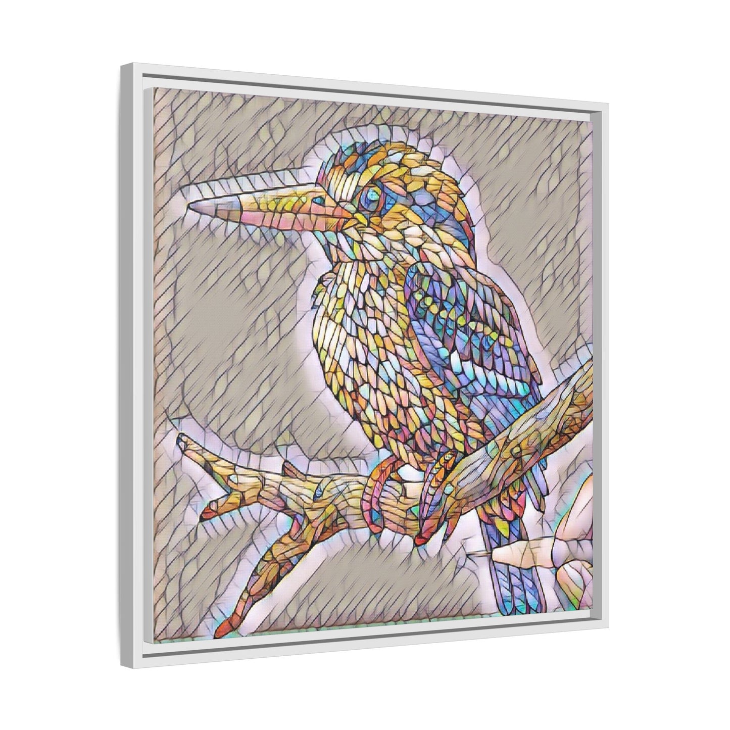 Colorful Kingfisher Framed Canvas Wall Art — Stained-Glass Style Bird Print