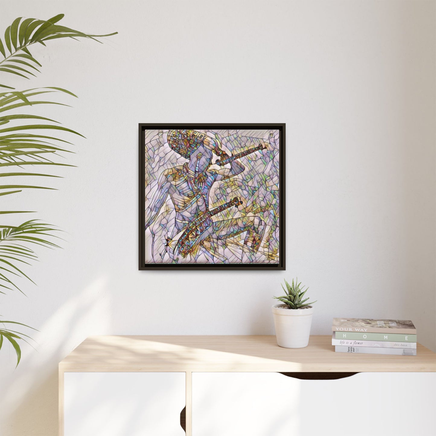 Stained Glass Blue Musician — Framed Matte Canvas Art