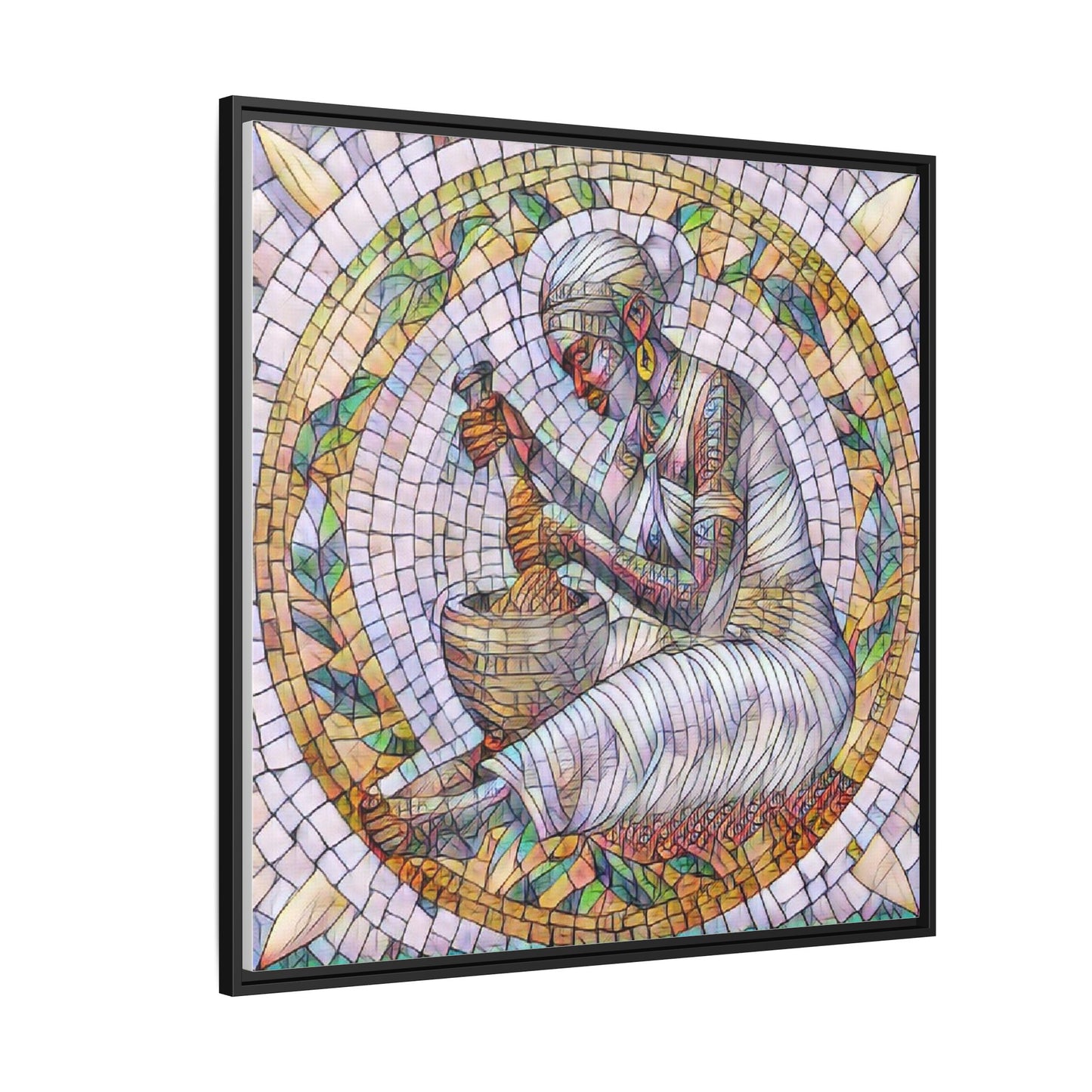 Framed Mosaic Art Print — Woman Grinding Grain (Matte Canvas)