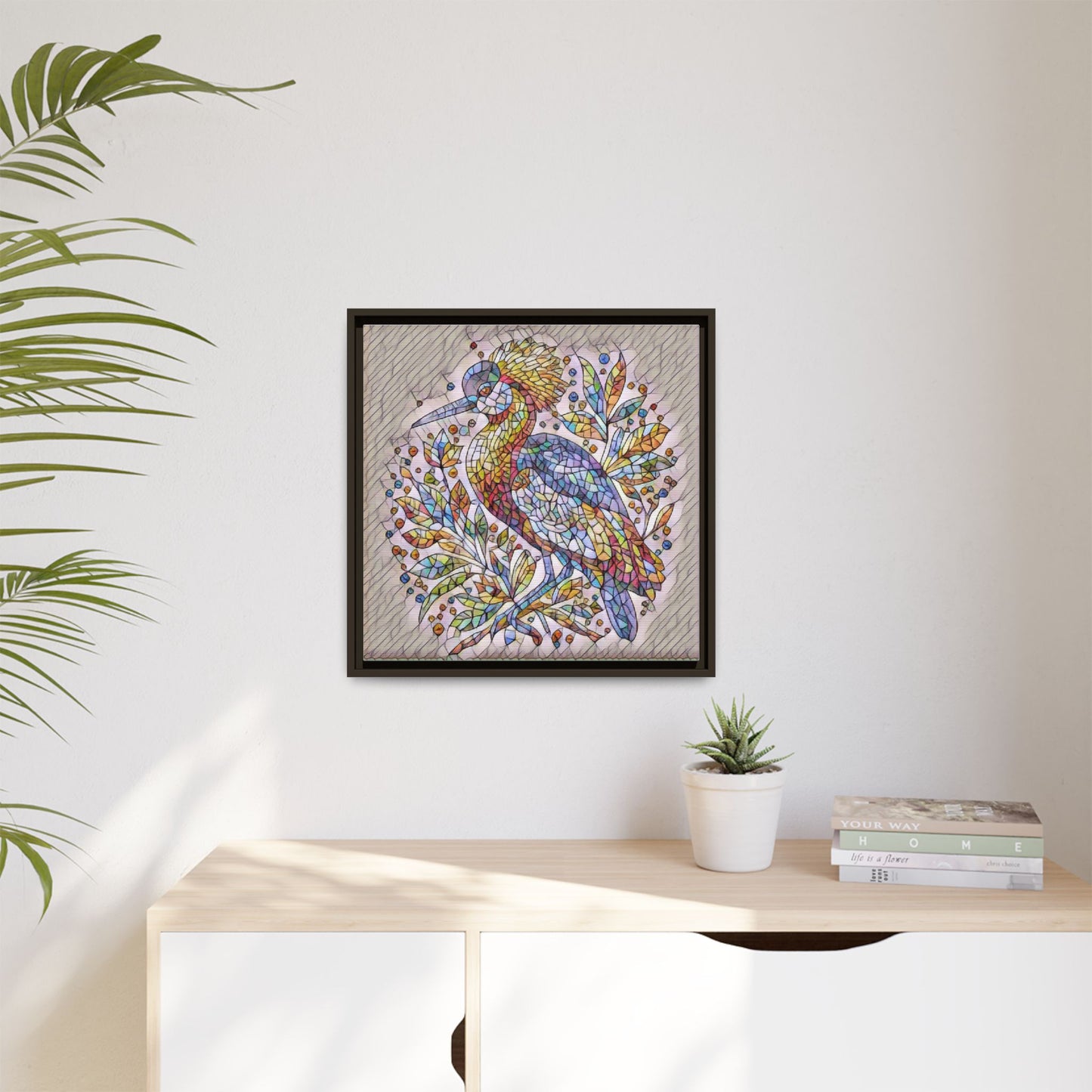 Colorful Stained-Glass Heron — Framed Matte Canvas Wall Art