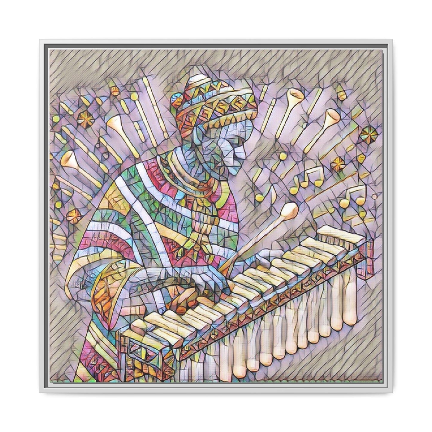 Colorful Marimba Musician Matte Framed Canvas — Vibrant African Instrument Wall Art