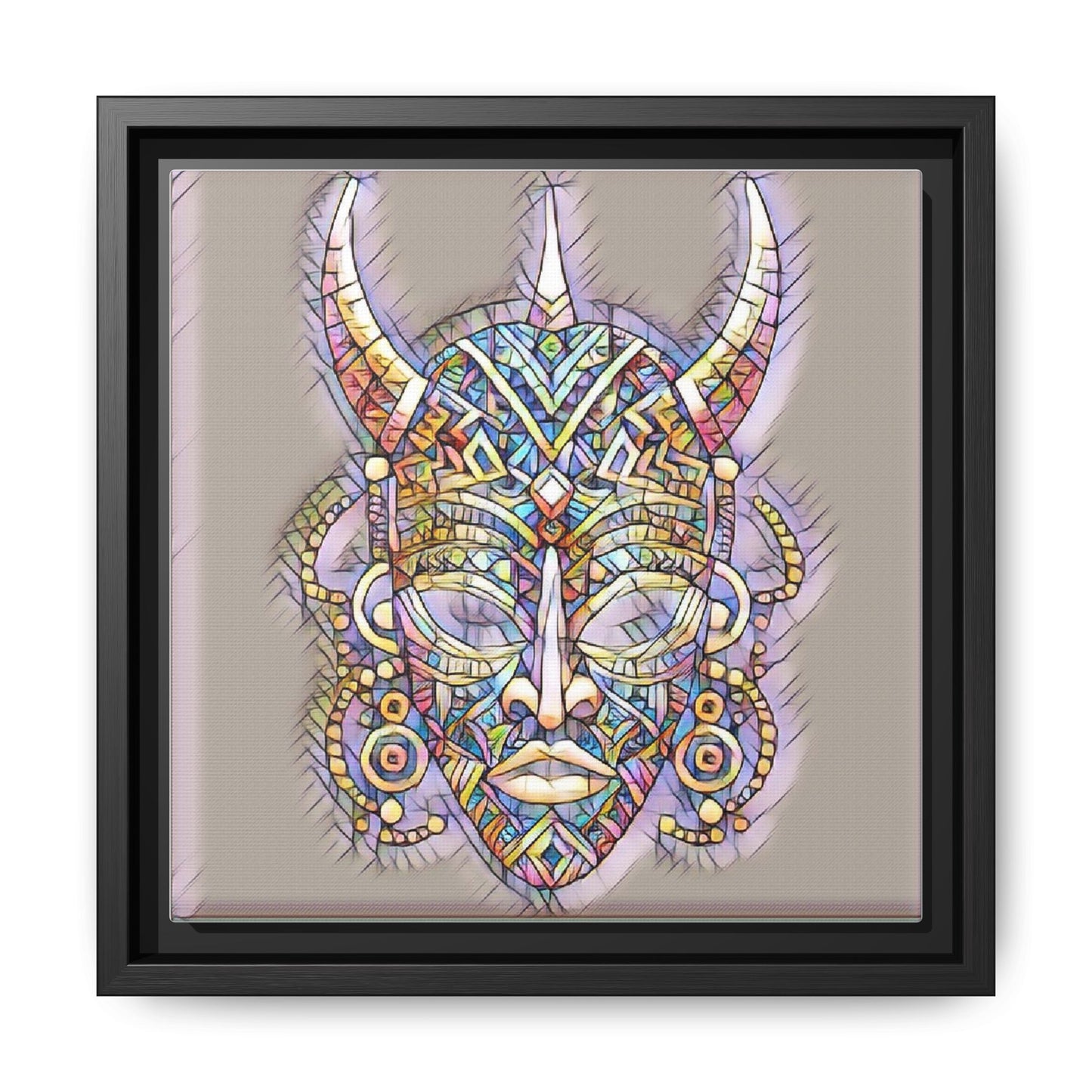 Colorful Tribal Mask Framed Canvas Art — Abstract Ethnic Wall Decor