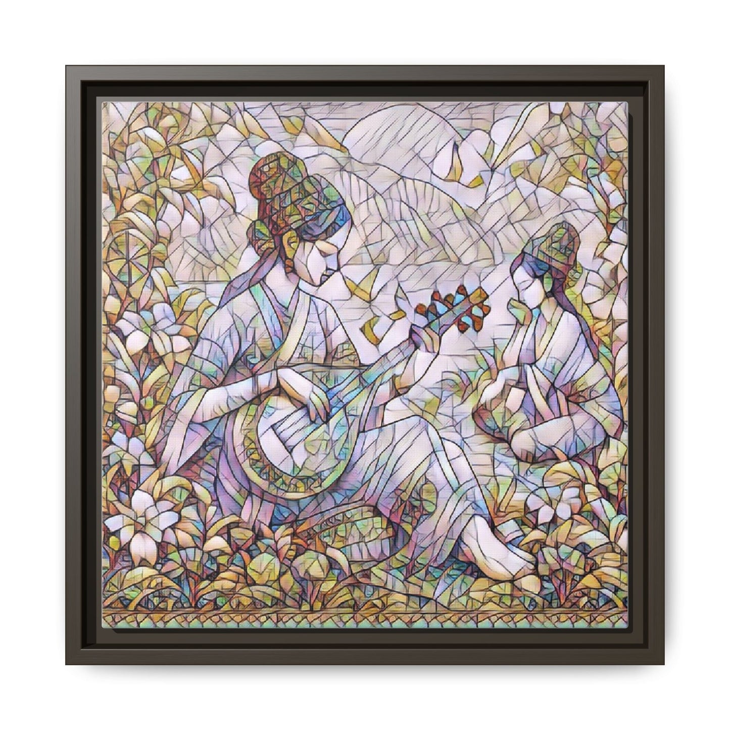 Framed Matte Canvas Art - Vintage Asian Musicians Floral Illustration