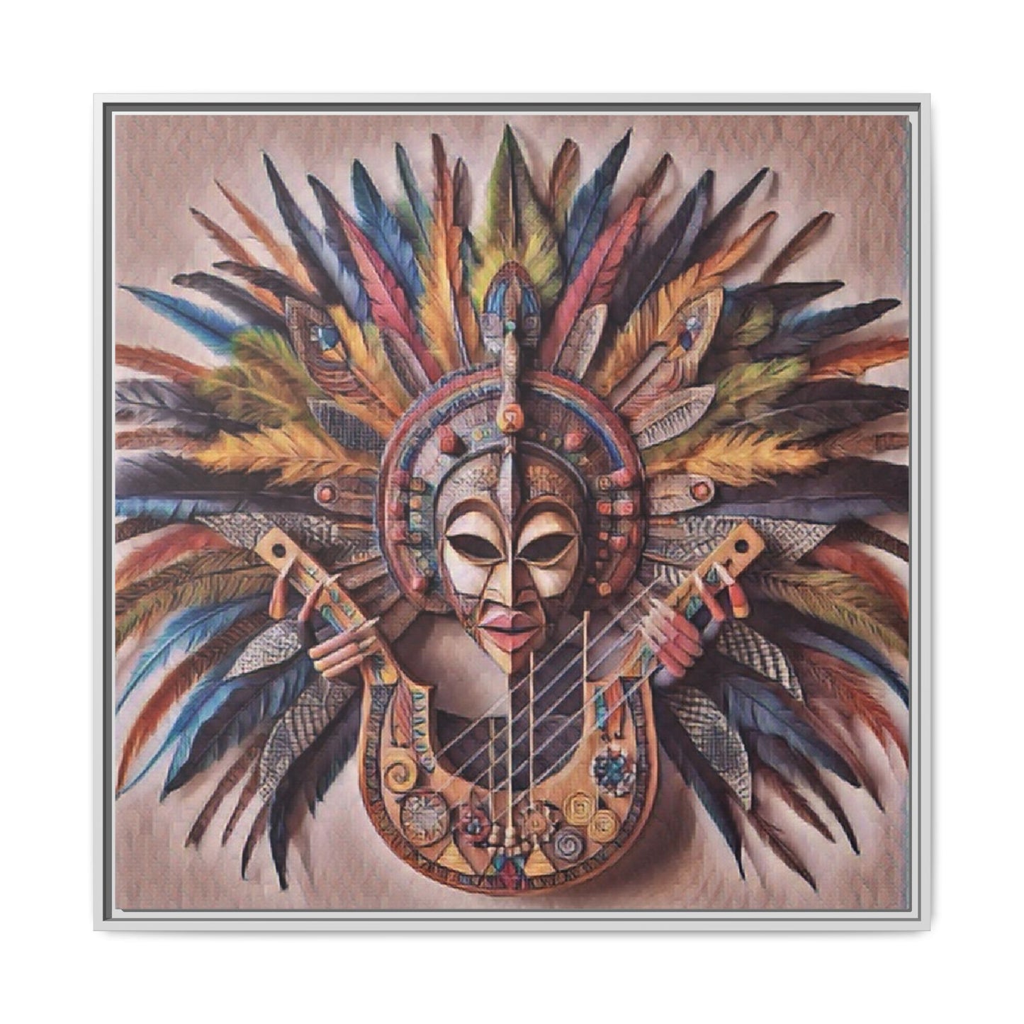 Tribal Feather Mask Guitar Framed Canvas Art — Colorful Boho Wall Decor