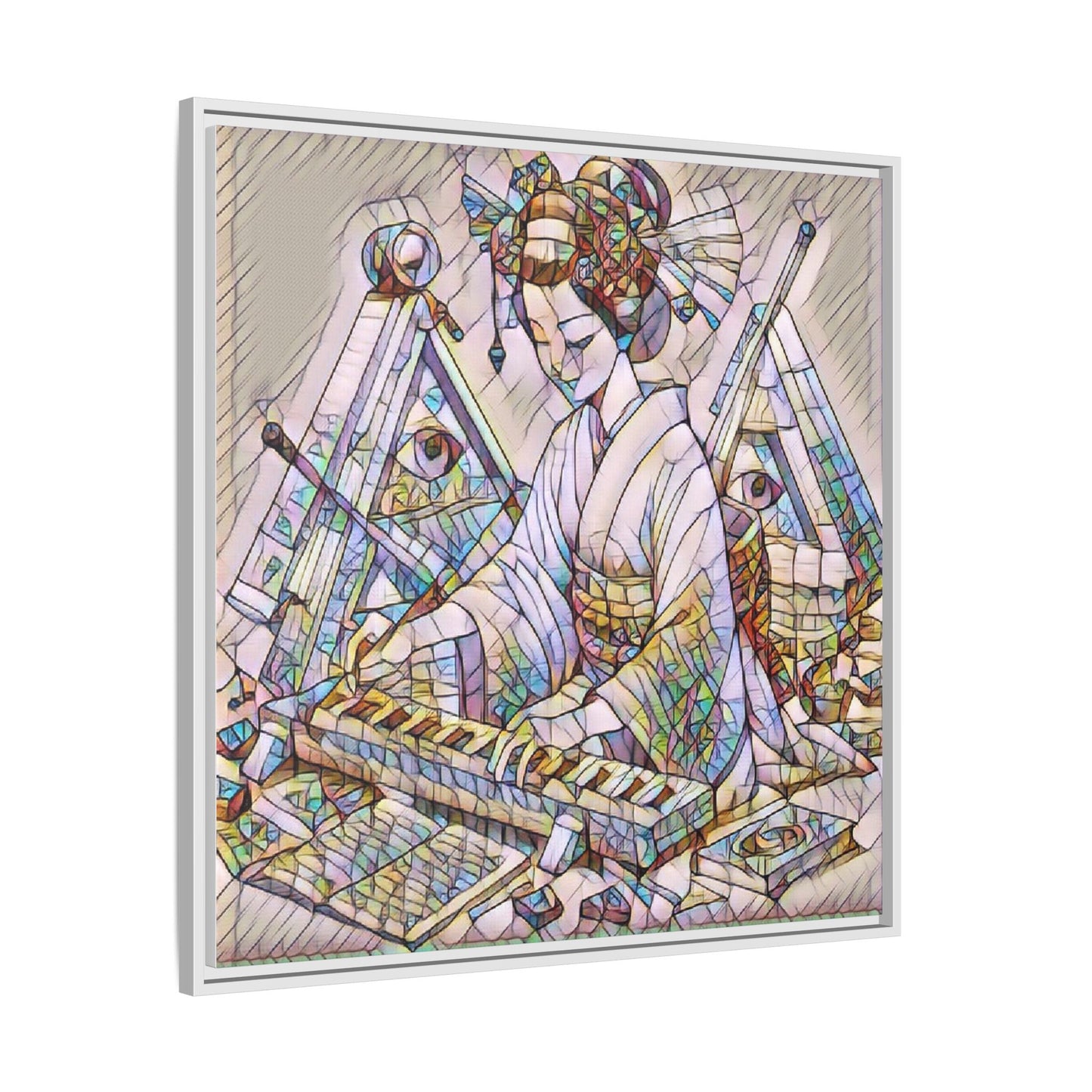 Framed Matte Canvas: Stained-Glass Geisha Wall Art