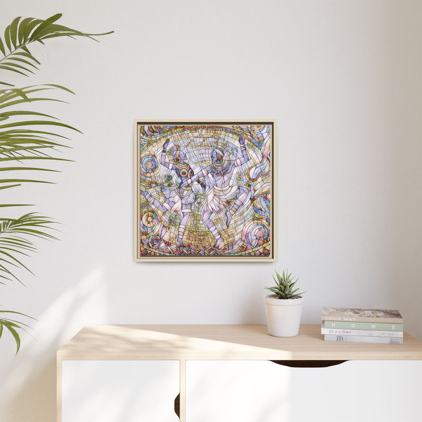 Abstract Dancers Matte Framed Canvas Wall Art — Multi‑Color Stained Glass Style