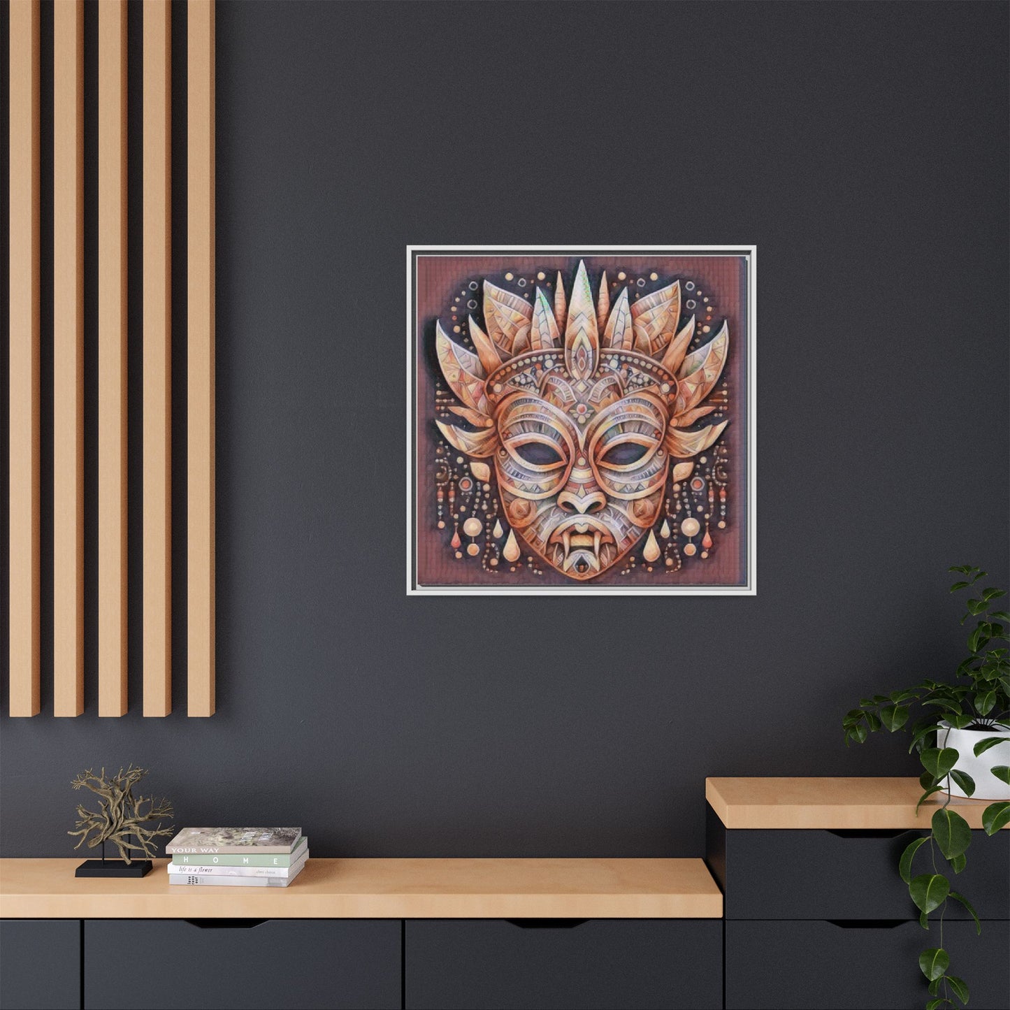 Tribal Sun Mask Framed Canvas Art — Boho Ethnic Wall Decor