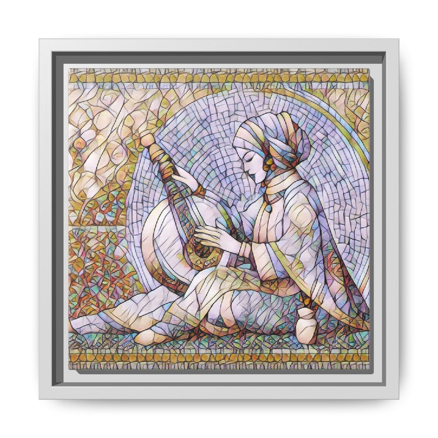Framed Matte Canvas: Mosaic Lute Player Wall Art — Bohemian Musical Portrait
