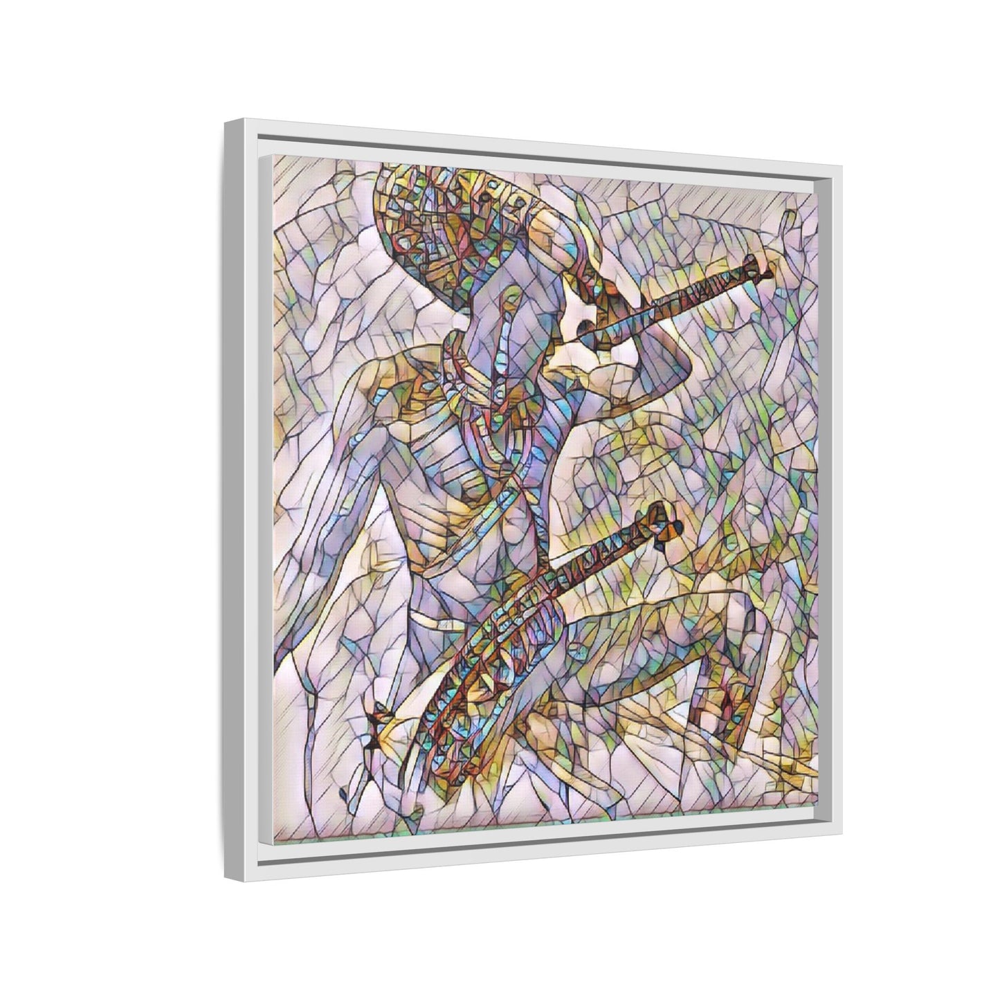 Stained Glass Blue Musician — Framed Matte Canvas Art