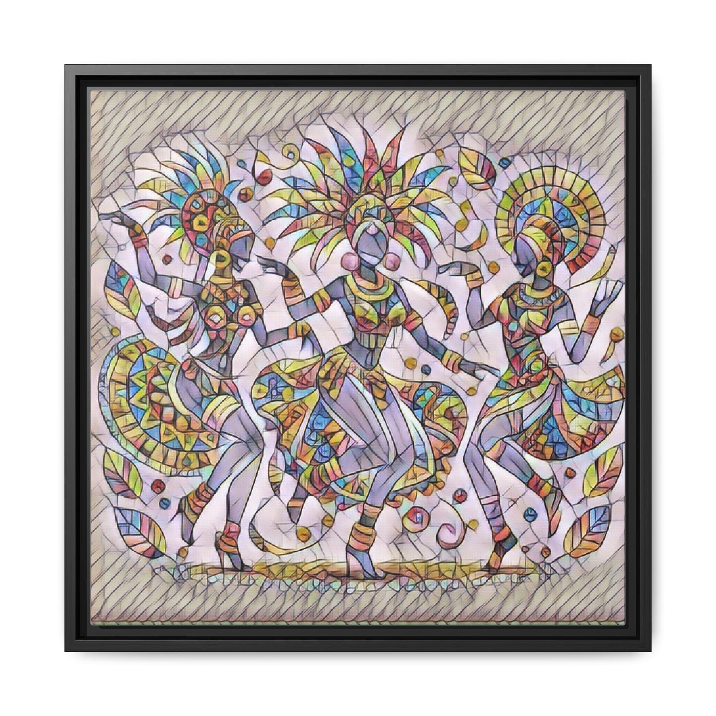 Colorful Carnival Dancers Framed Canvas Art — Multicolor Tribal Celebration Print