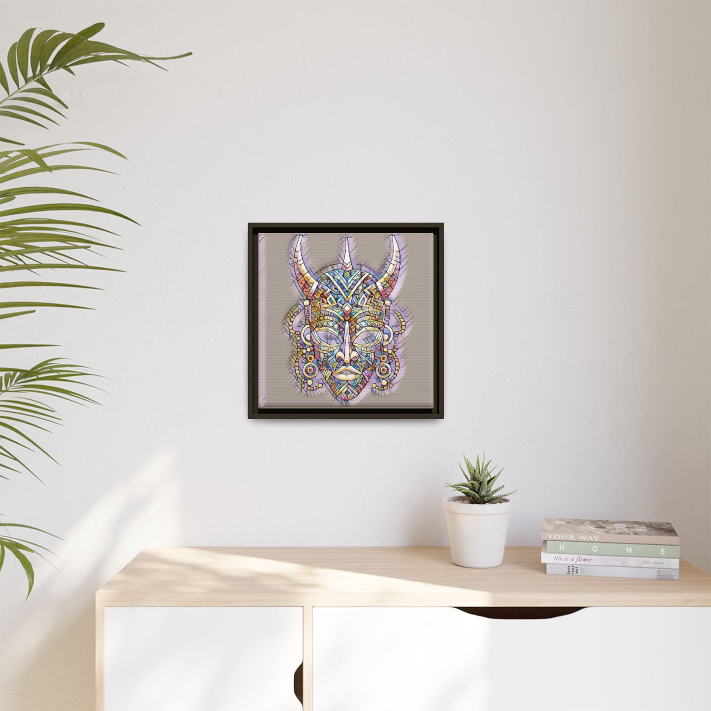 Colorful Tribal Mask Framed Canvas Art — Abstract Ethnic Wall Decor