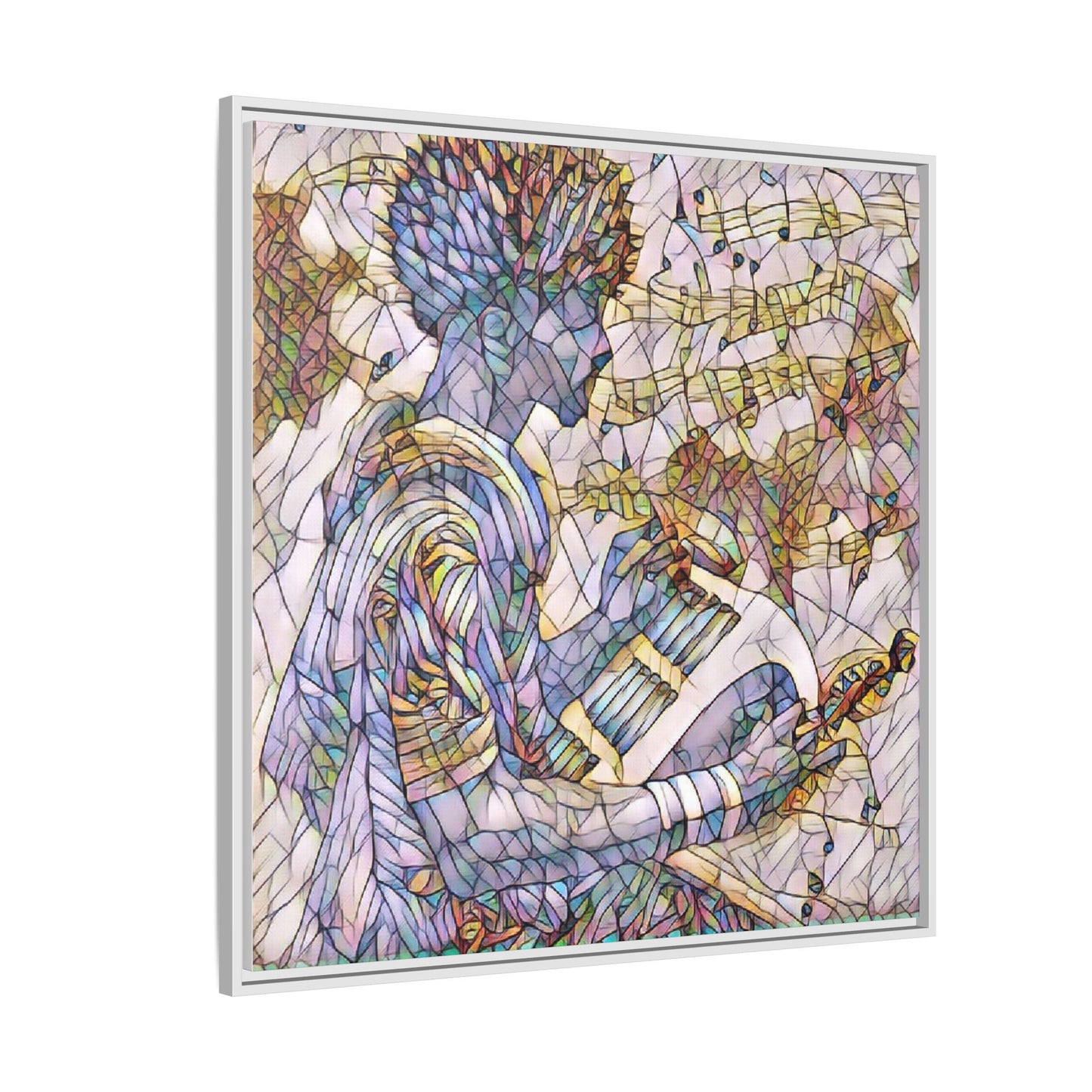 Abstract Jazz Musician Framed Canvas Art — Colorful Stained-Glass Style Wall Decor