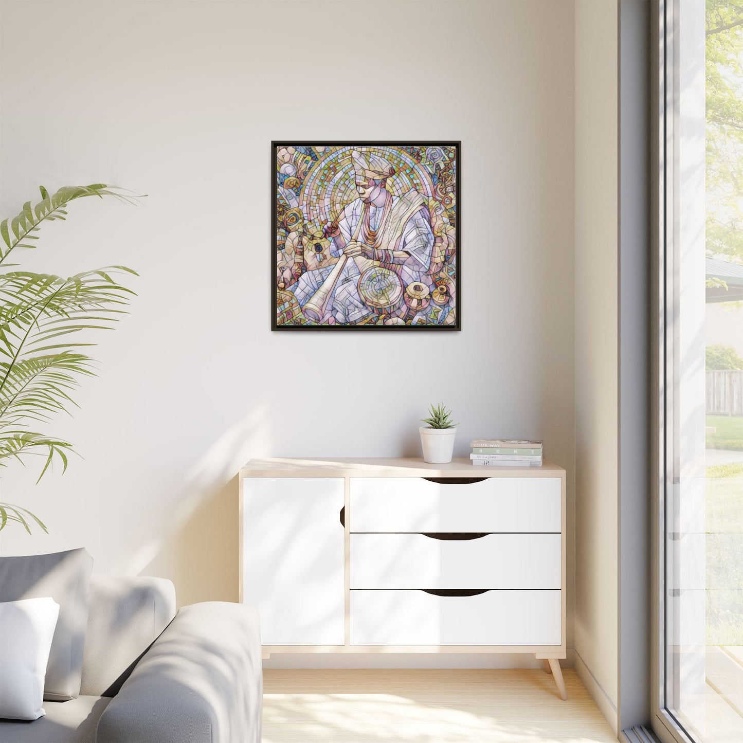 Framed Matte Canvas Print — African Drummer Mosaic Art