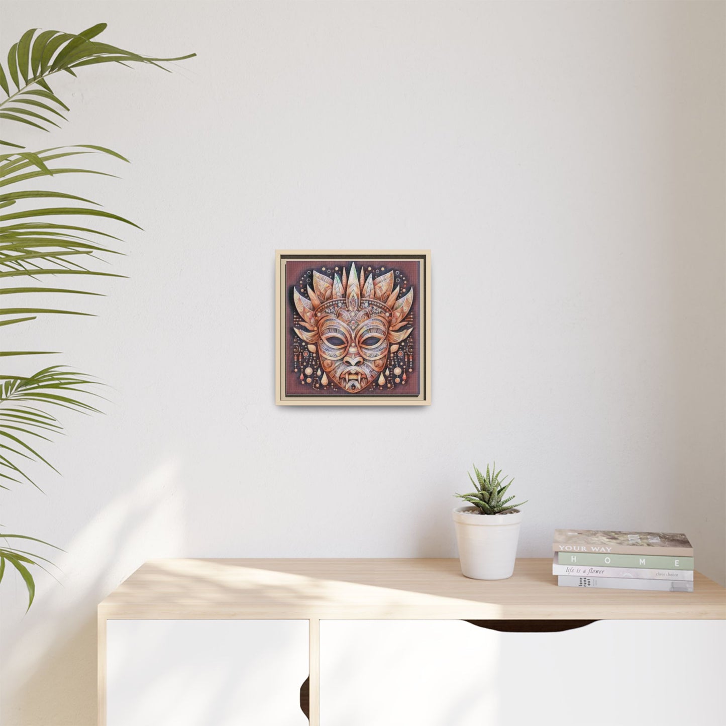 Tribal Sun Mask Framed Canvas Art — Boho Ethnic Wall Decor