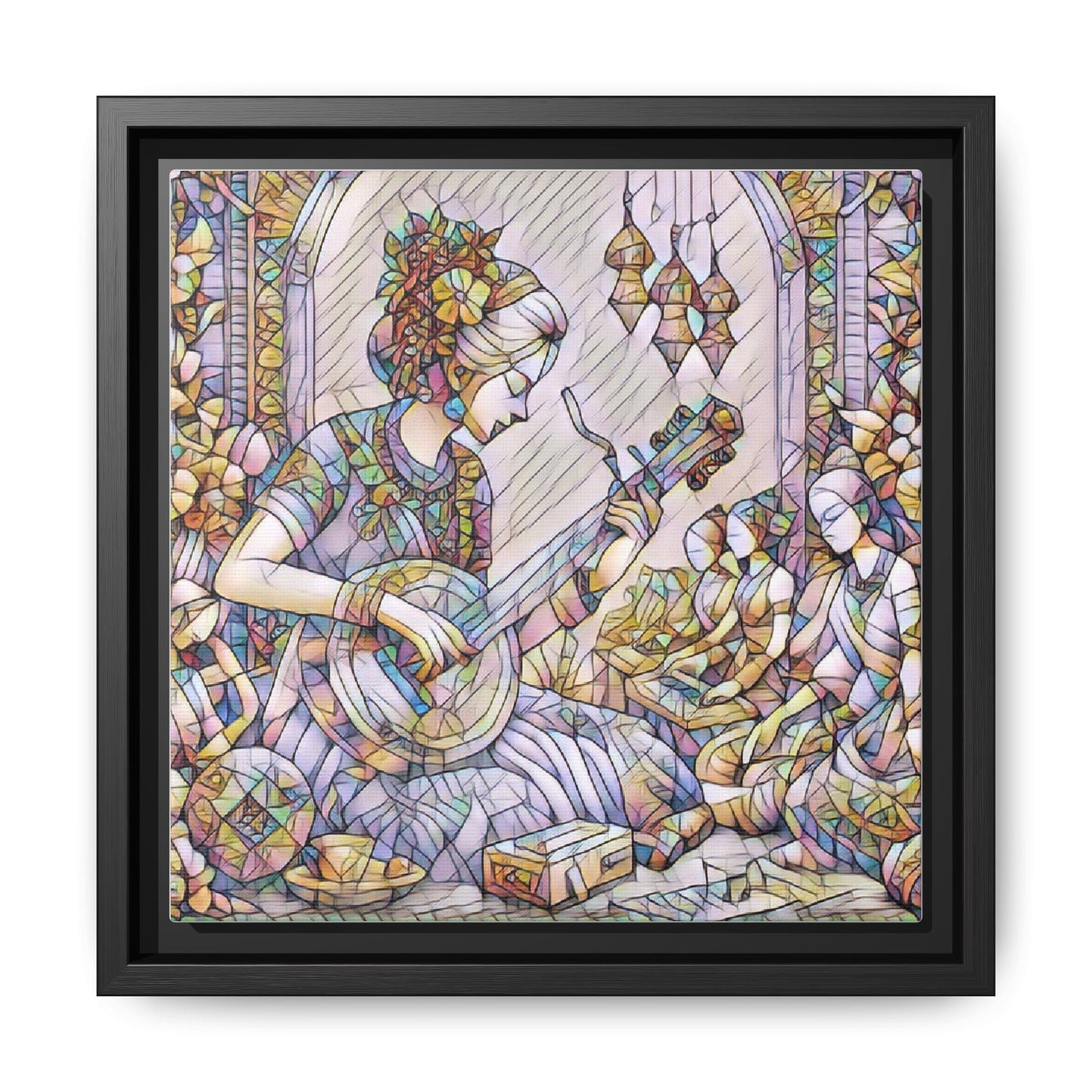 Framed Matte Canvas: Bohemian Woman Playing Lute — Stained-Glass Style Wall Art