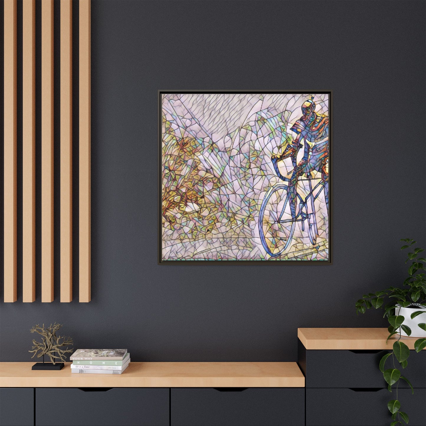 Colorful Cyclist Stained-Glass Art — Framed Matte Canvas