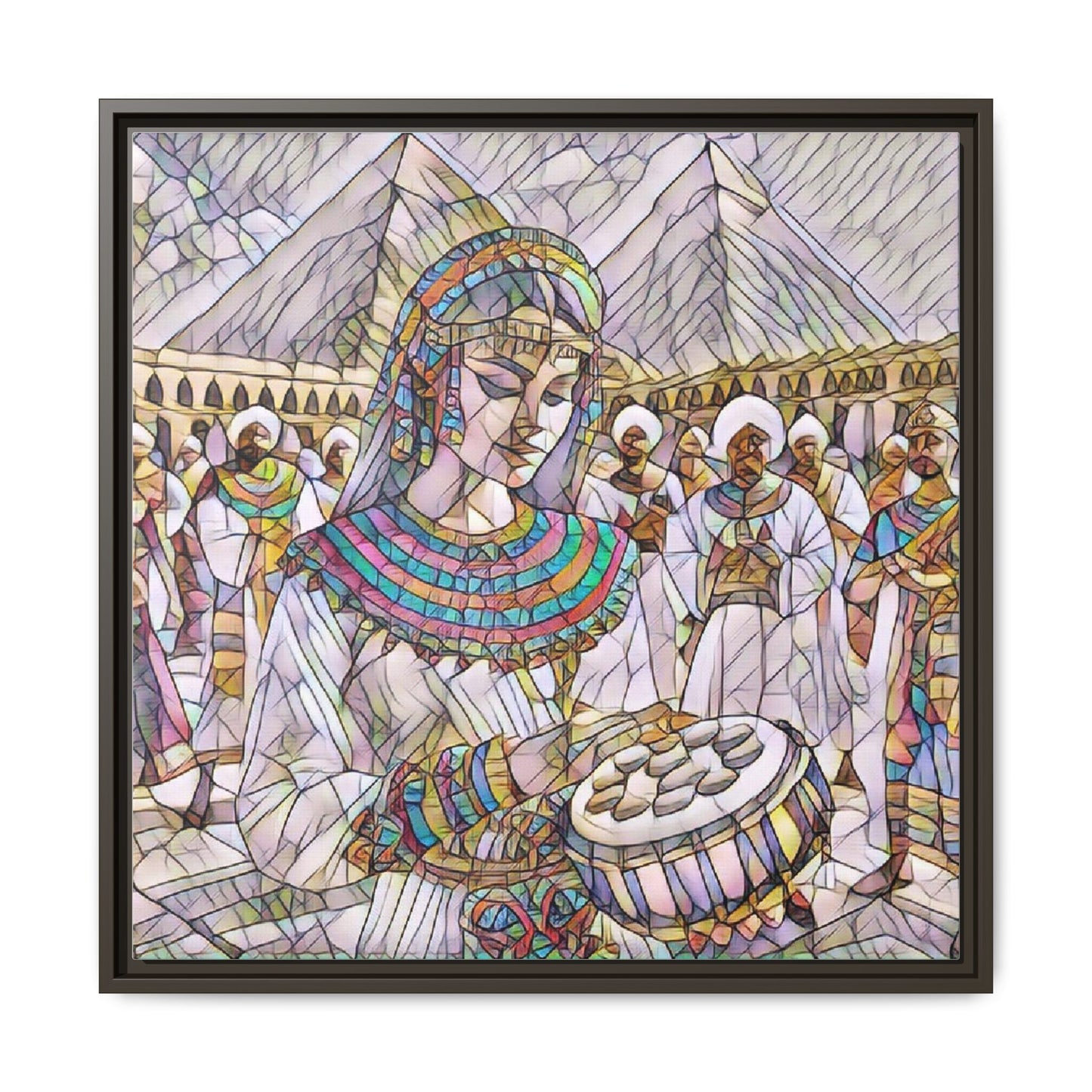 Egyptian Drum Player Framed Canvas Art — Colorful Ancient Scene Wall Decor