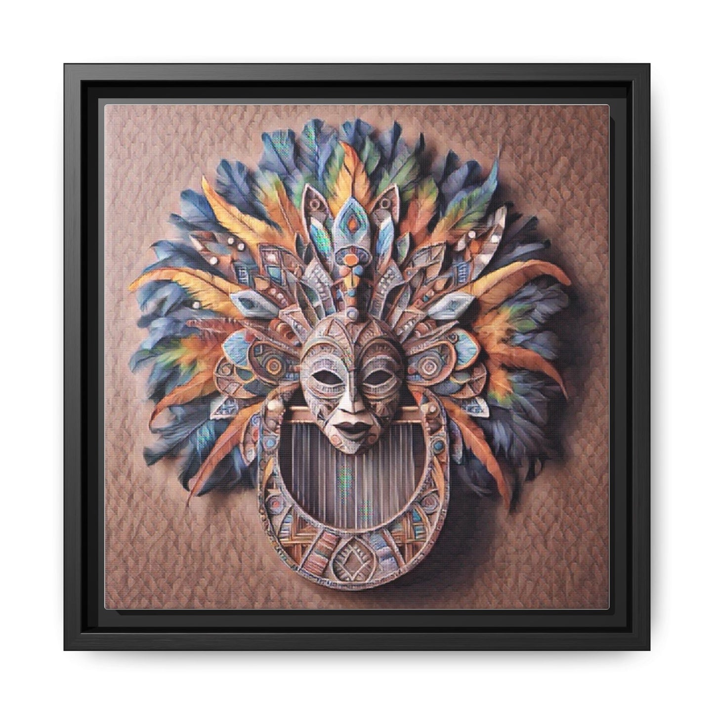 Tribal Feather Mask Framed Canvas Wall Art — Colorful Boho Decorative Print