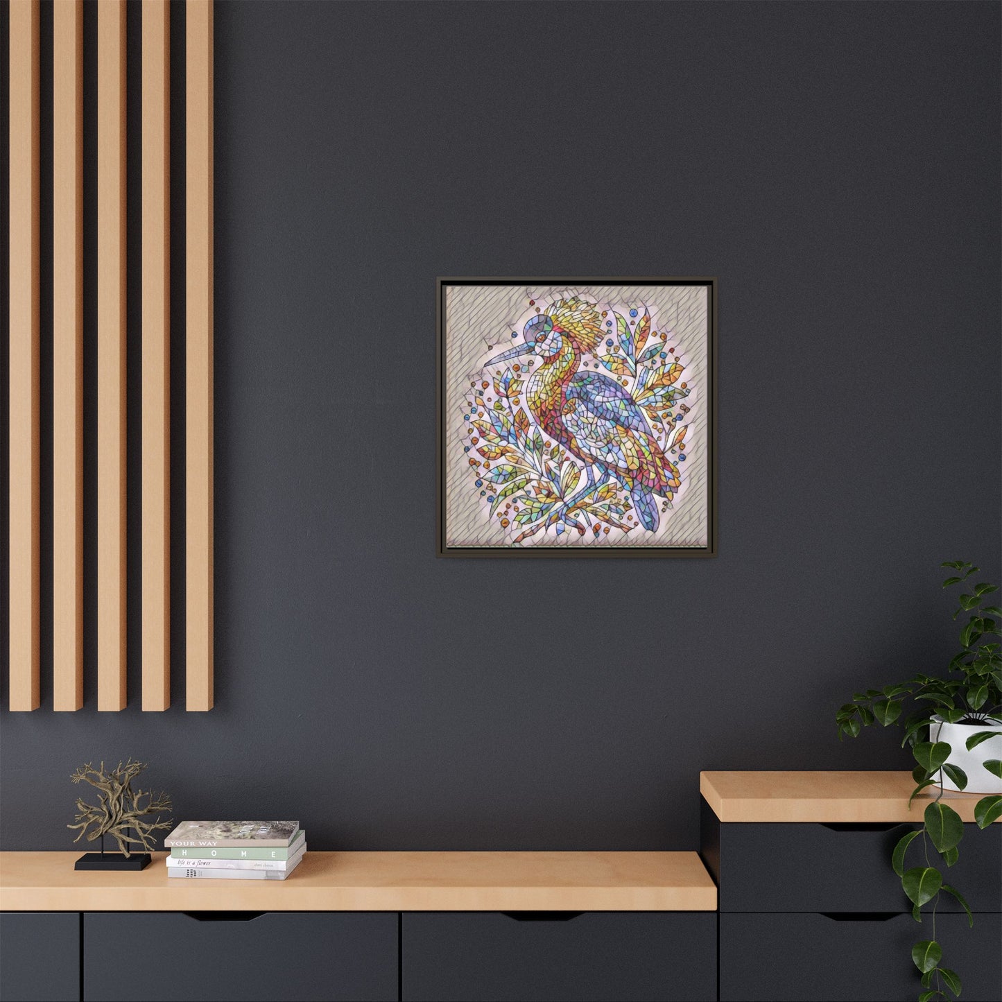 Colorful Stained-Glass Heron — Framed Matte Canvas Wall Art