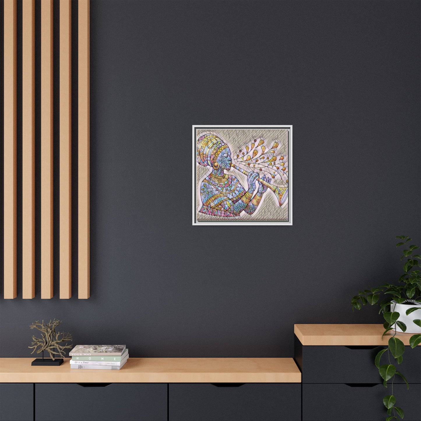 Framed Matte Canvas Art – Colorful African Musician Trumpet Print