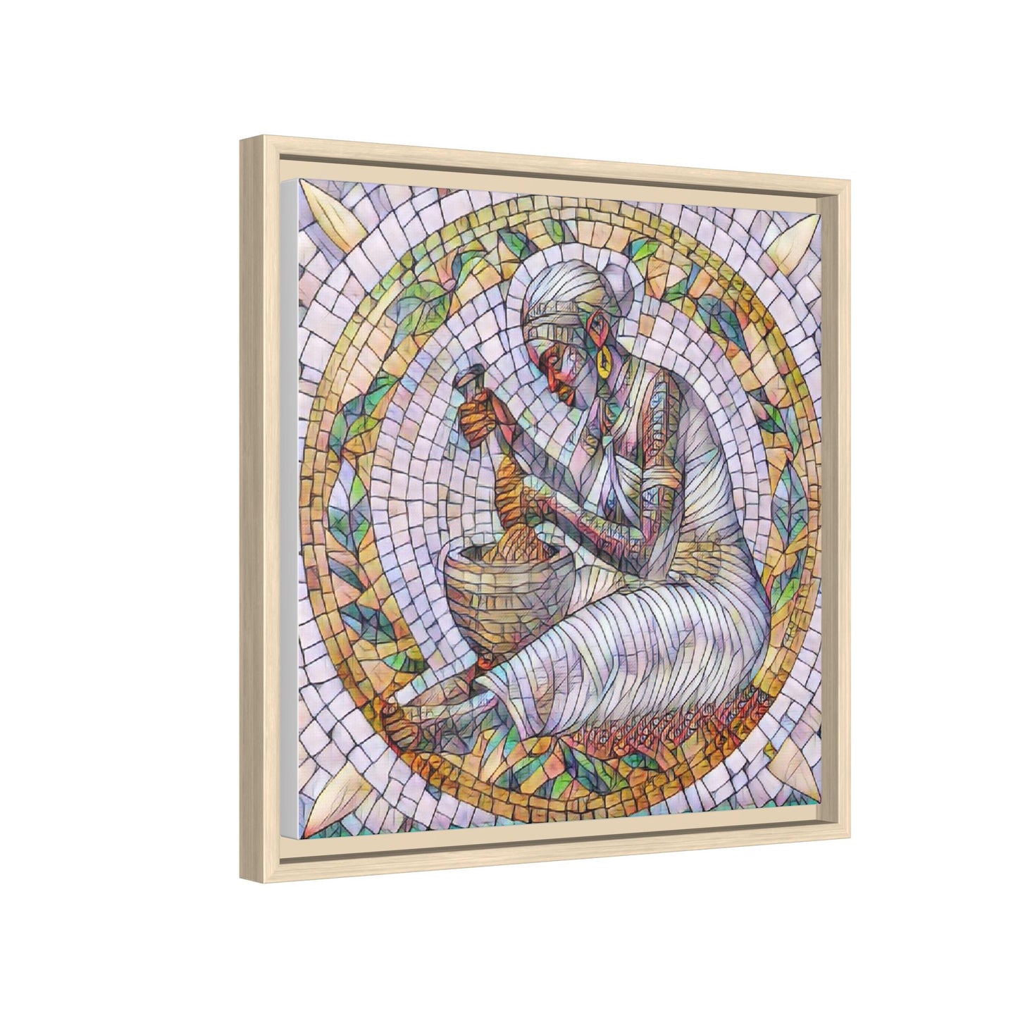 Framed Mosaic Art Print — Woman Grinding Grain (Matte Canvas)