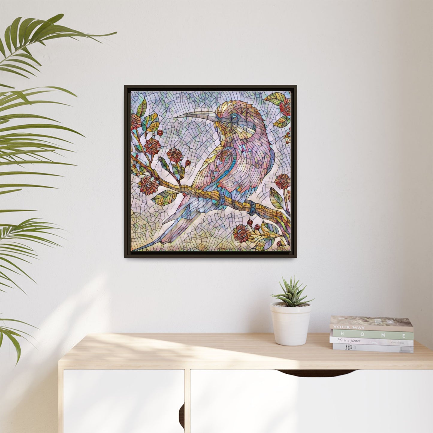 Framed Mosaic Bird Art Print — Colorful Kookaburra Wall Canvas