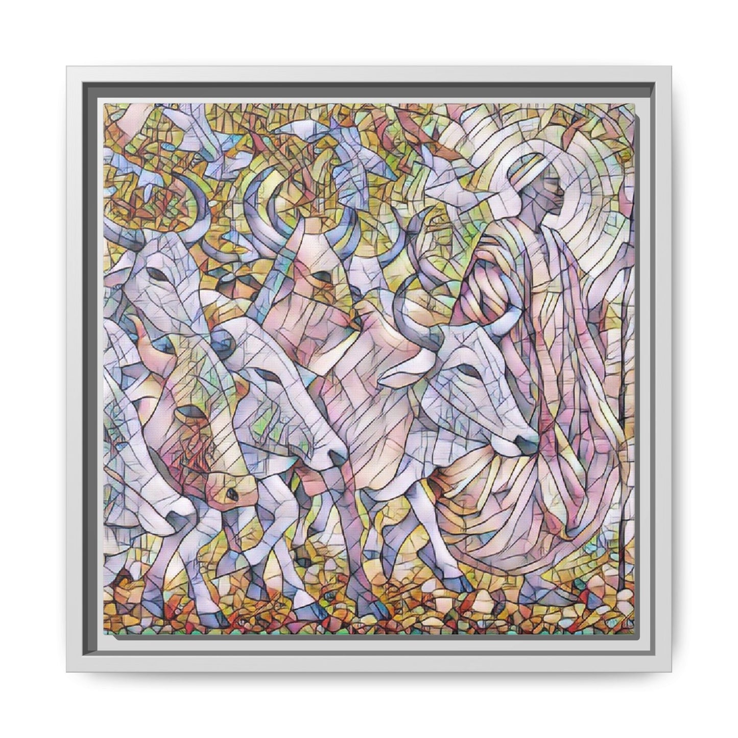 Framed Matte Canvas Art — Stained-Glass Style Cattle Herd