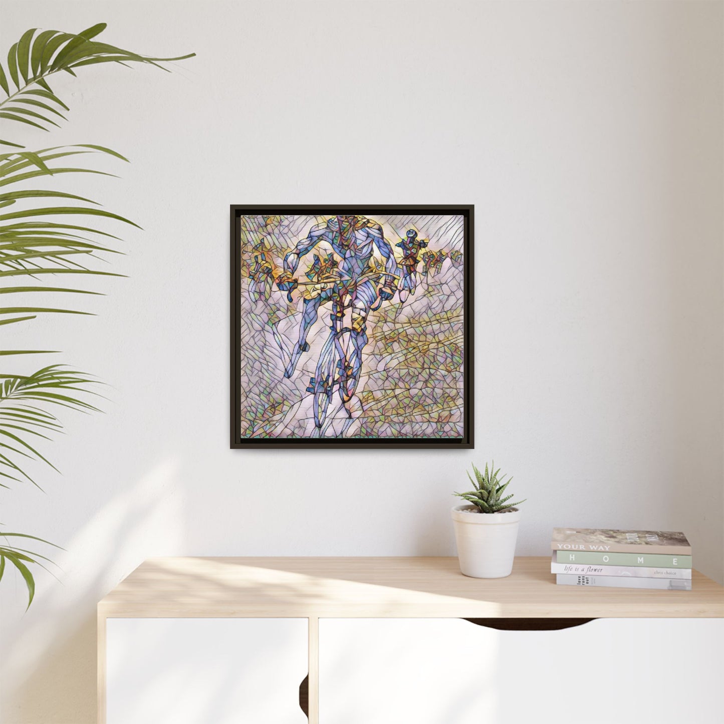 Abstract Cyclist Matte Canvas Framed Art — Colorful Stained-Glass Bike Print