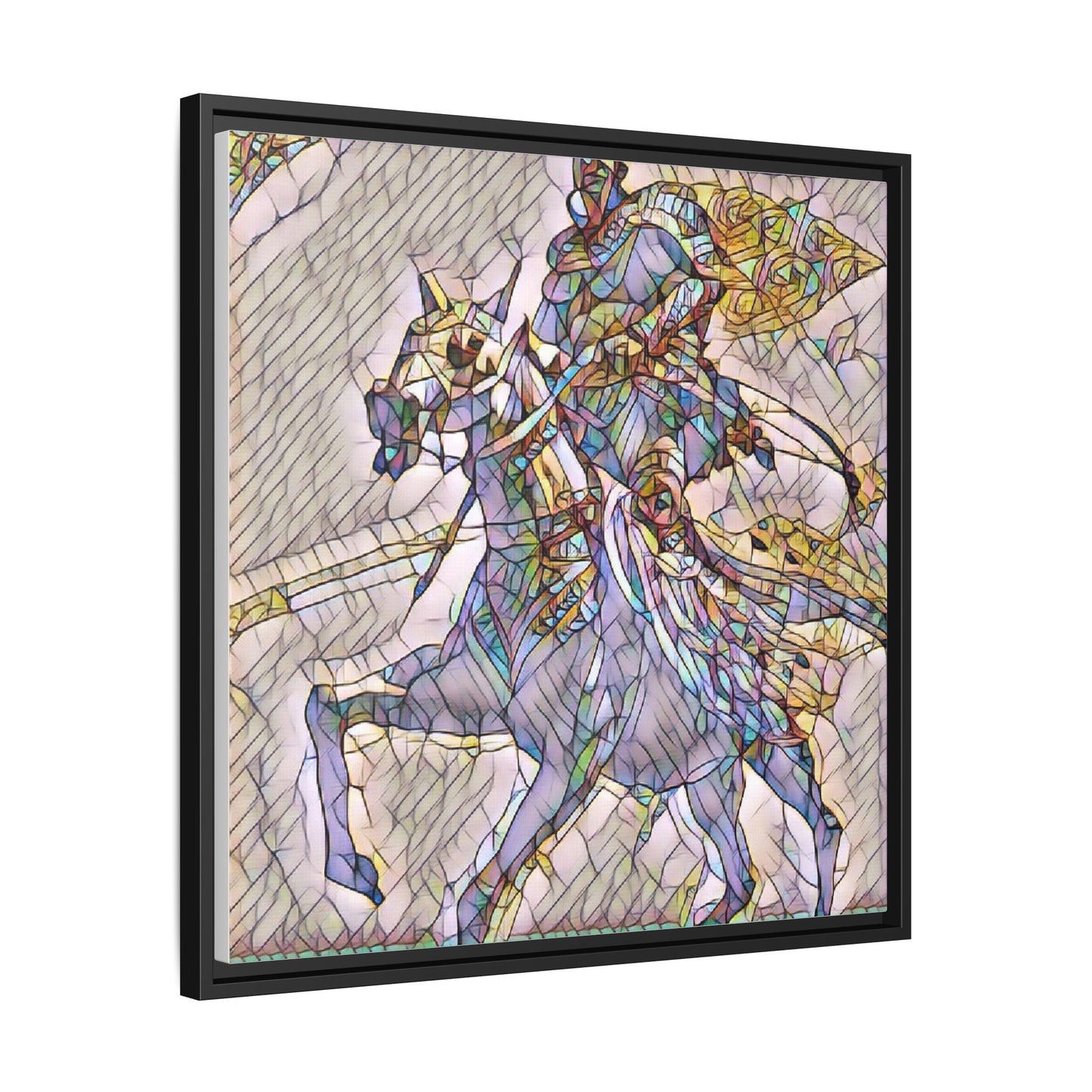 Framed Matte Canvas Art — Stained Glass Knight on Horse Fantasy Wall Decor