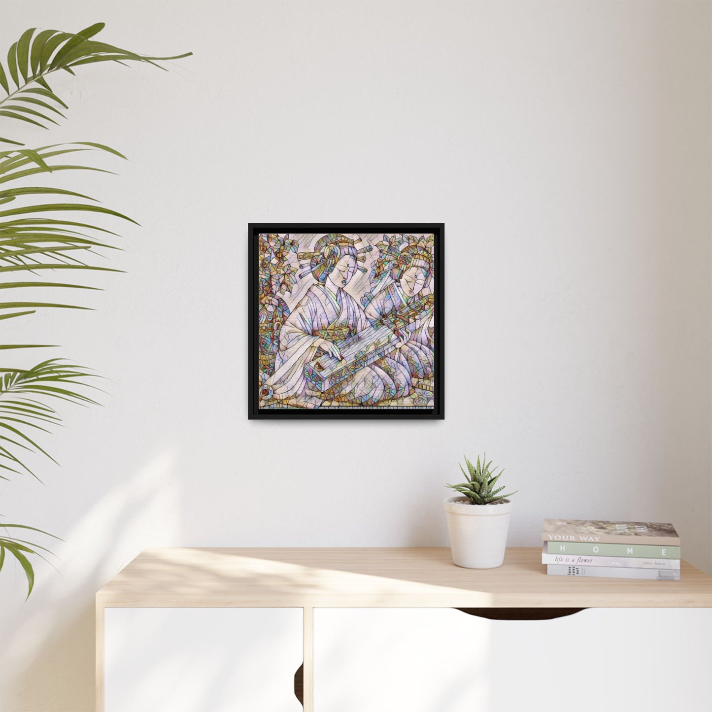 Framed Matte Canvas Print — Stained-Glass Geisha Duo
