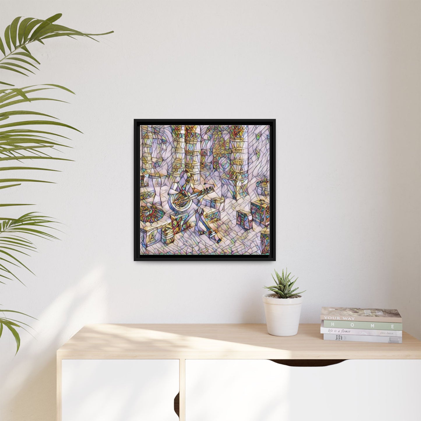 Framed Matte Canvas Art - Abstract Guitarist in Colorful Mosaic