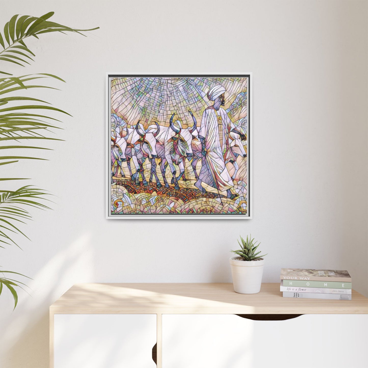 Framed Matte Canvas Art — African Herdsman Mosaic Print