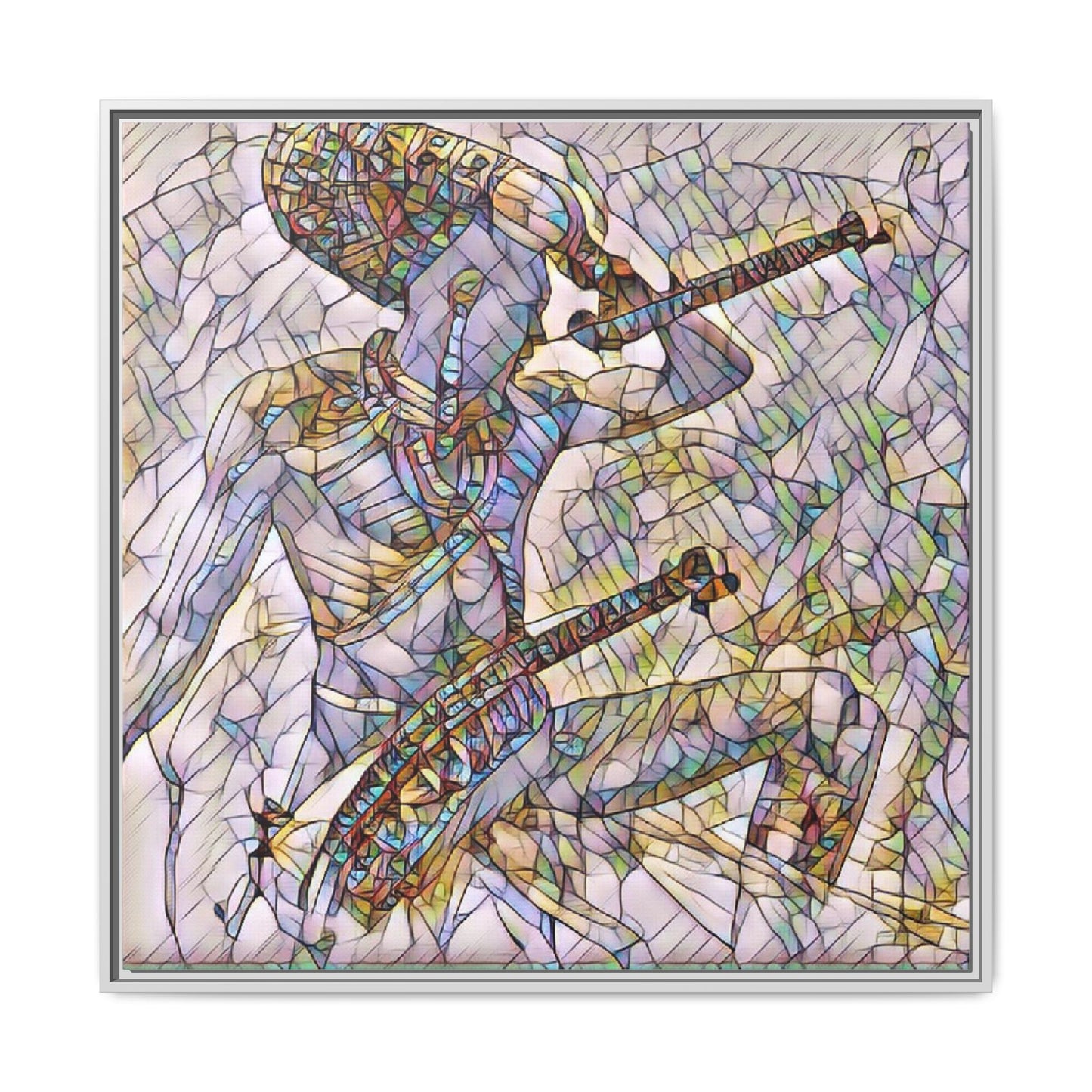 Stained Glass Blue Musician — Framed Matte Canvas Art