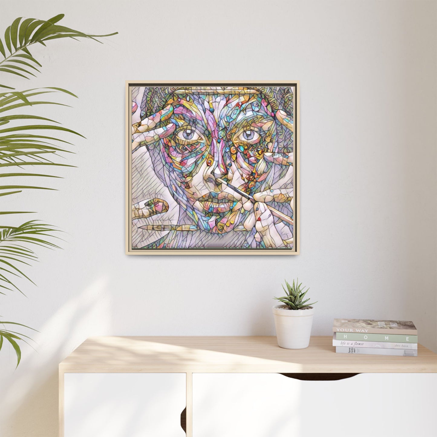 Framed Abstract Mosaic Face Canvas — Colorful Modern Wall Art
