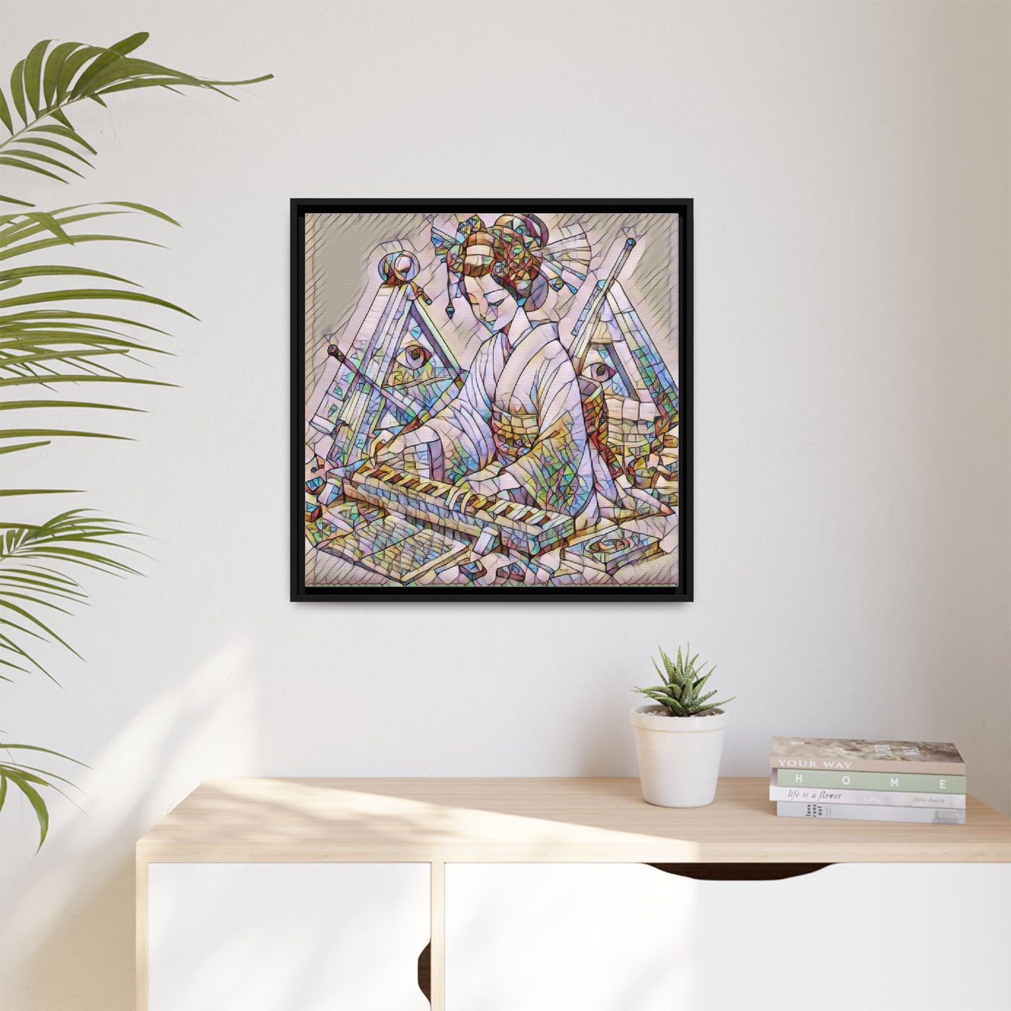 Framed Matte Canvas: Stained-Glass Geisha Wall Art