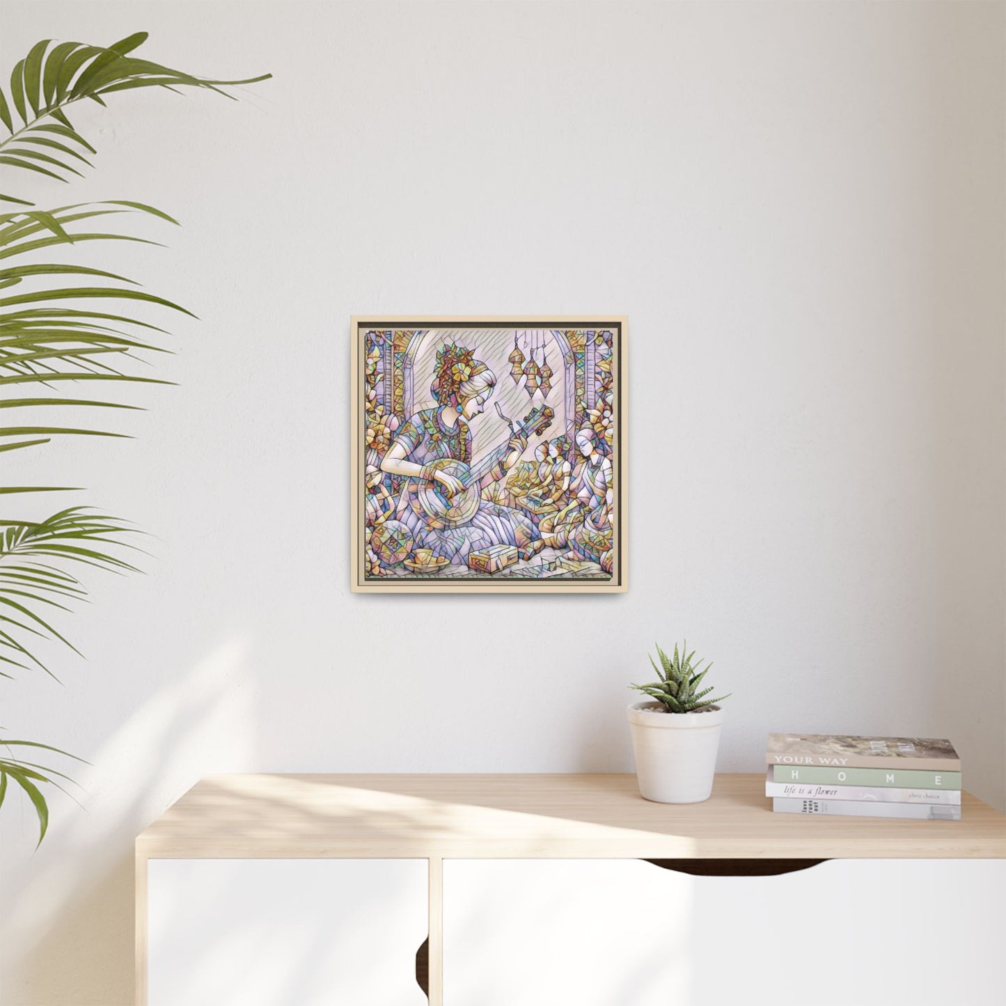 Framed Matte Canvas: Bohemian Woman Playing Lute — Stained-Glass Style Wall Art