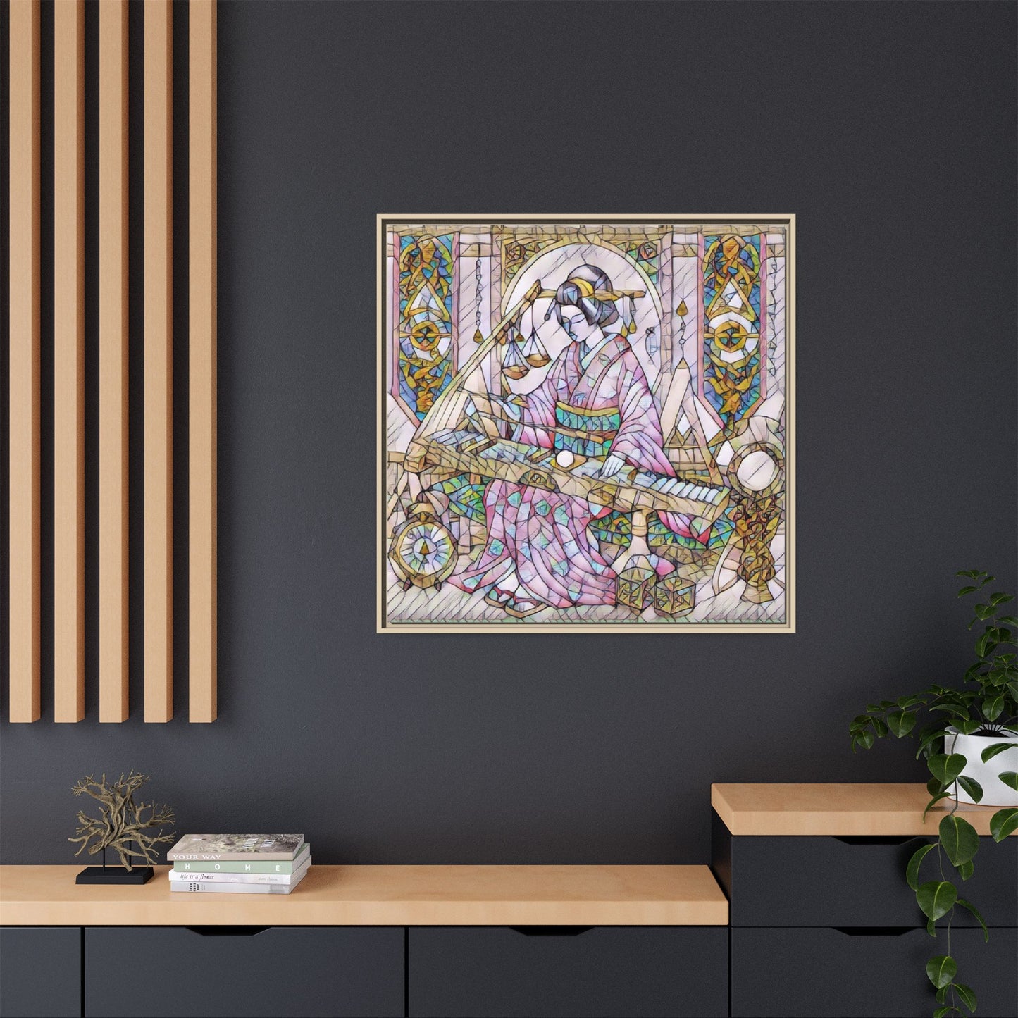 Framed Matte Canvas — Geisha Harp Stained-Glass Art Print