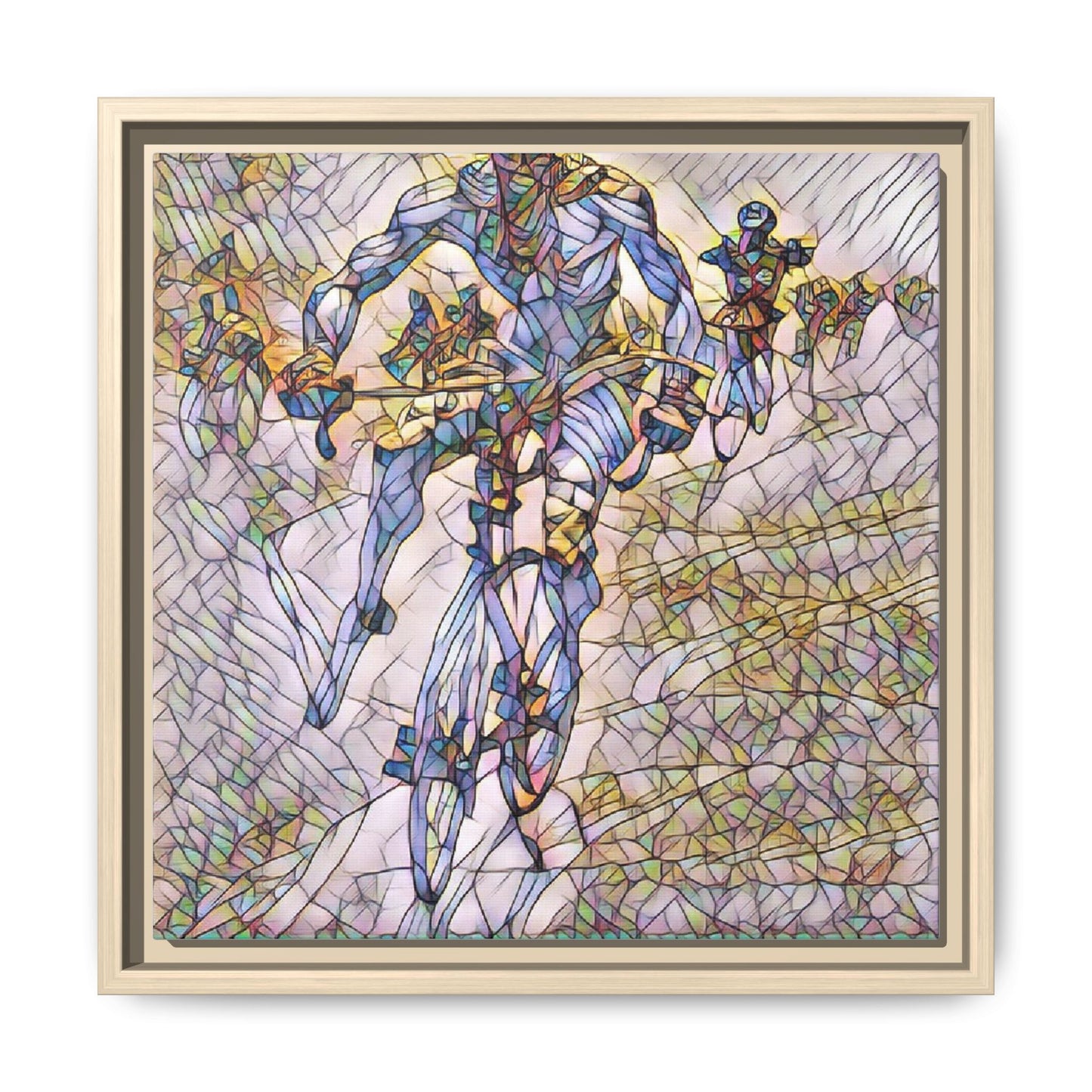 Abstract Cyclist Matte Canvas Framed Art — Colorful Stained-Glass Bike Print